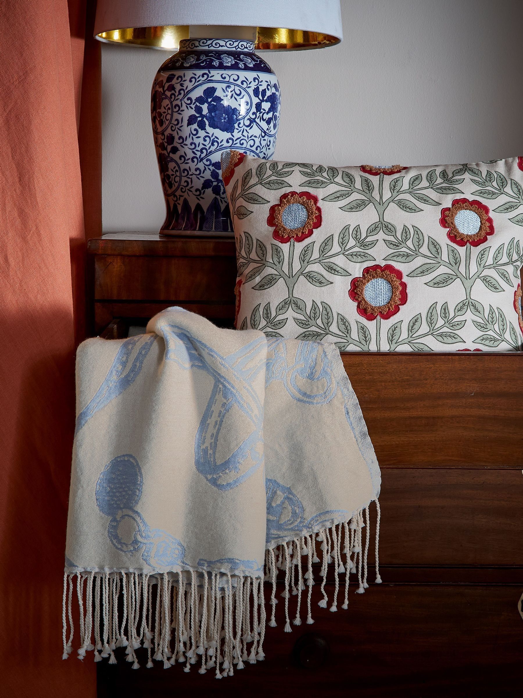 Bridle Print Blue & Cream Tassell Throw - Image 1 of 2