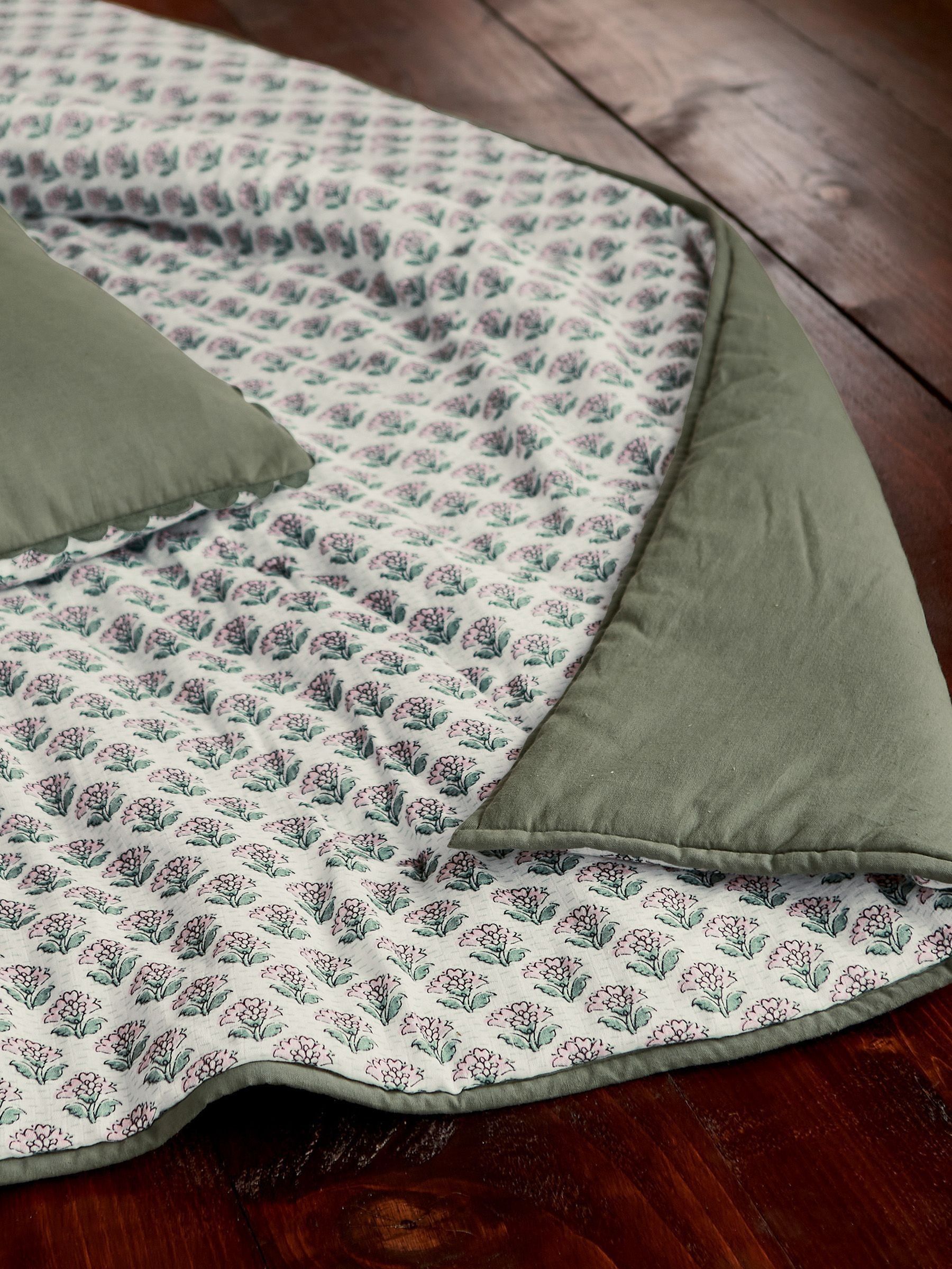 Indienne Floral Green Quilted 100% Cotton Throw - Image 1 of 4 Indienne Floral Green Quilted 100% Cotton Throw - Image 1 of 4