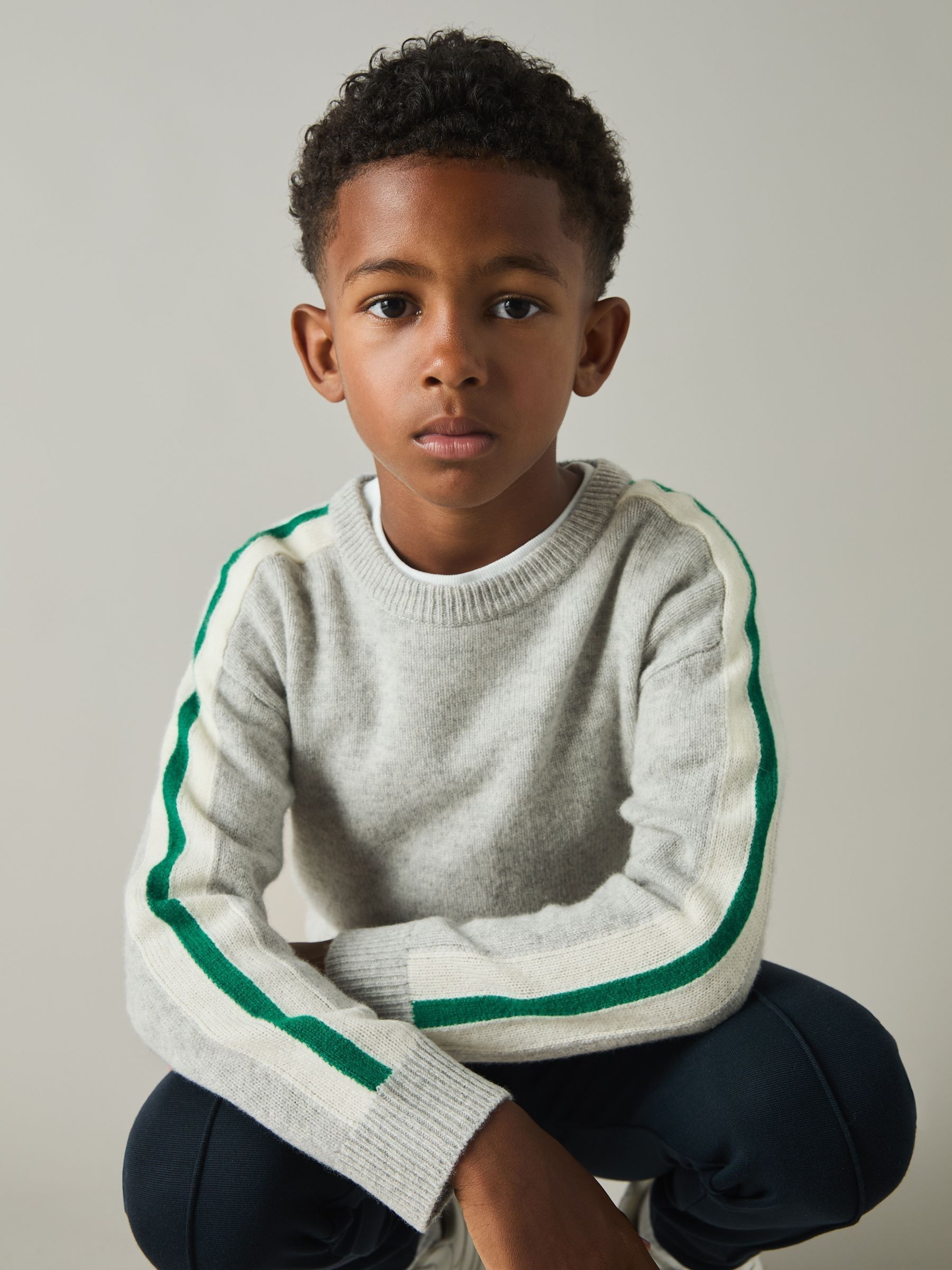 9-13 yrs Wool Stiped-Sleeve Jumper in Soft Grey/Green - Image 1 of 4