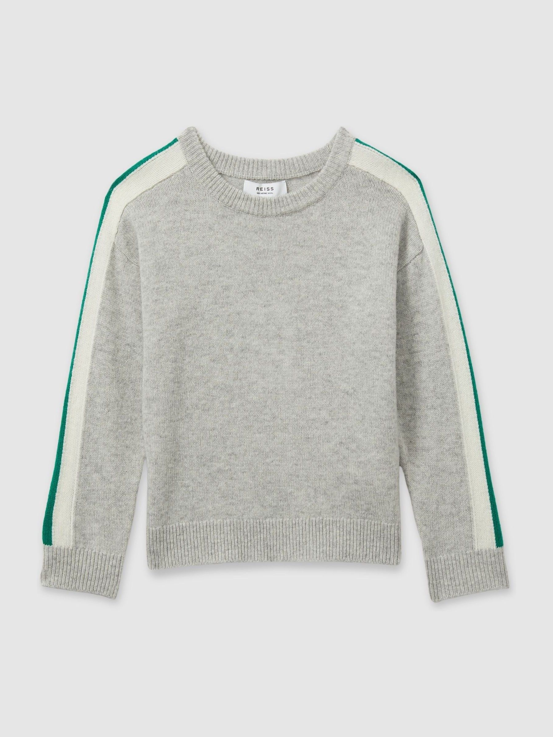 9-13 yrs Wool Stiped-Sleeve Jumper in Soft Grey/Green - Image 2 of 4