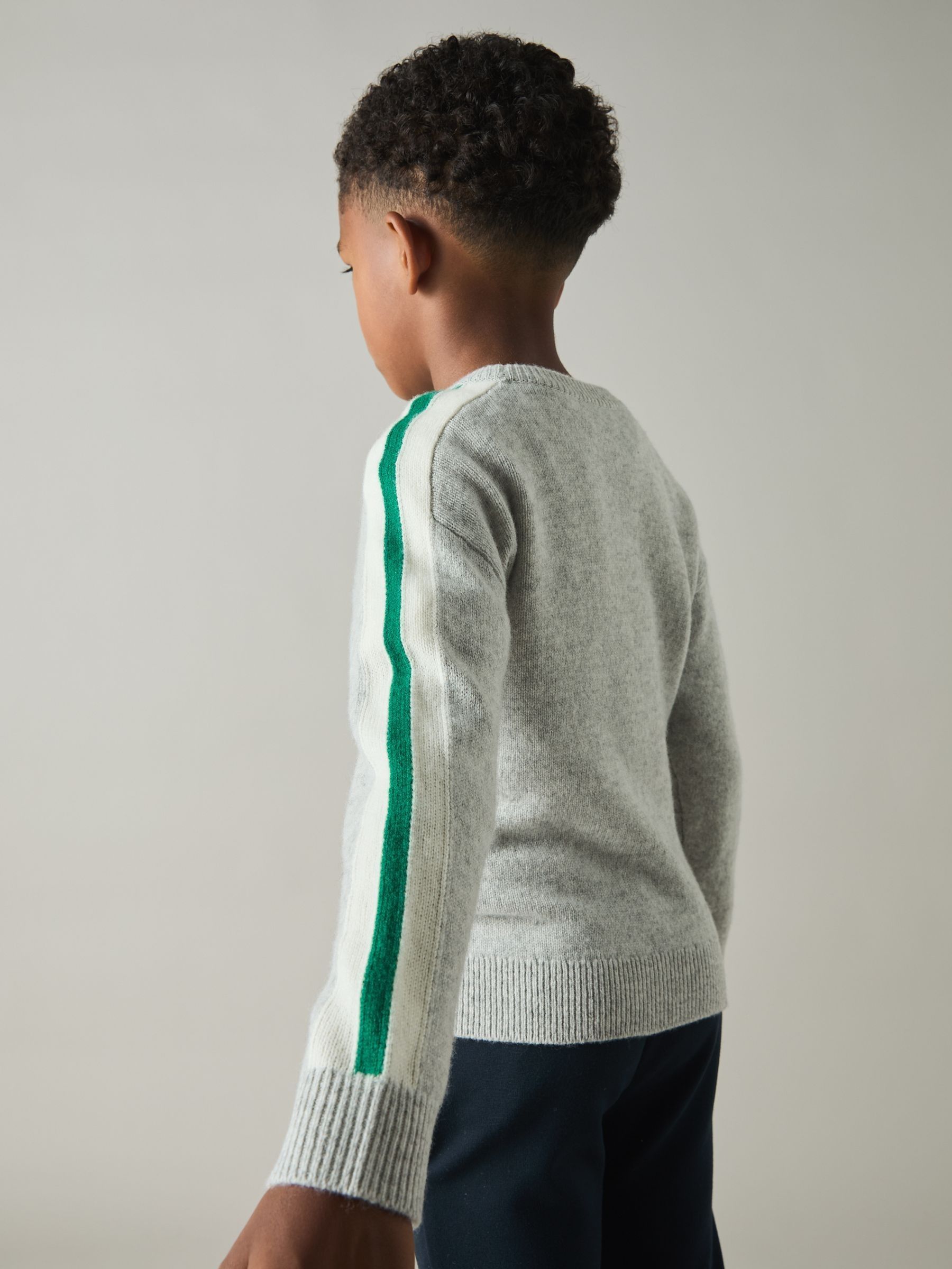9-13 yrs Wool Stiped-Sleeve Jumper in Soft Grey/Green - Image 3 of 4