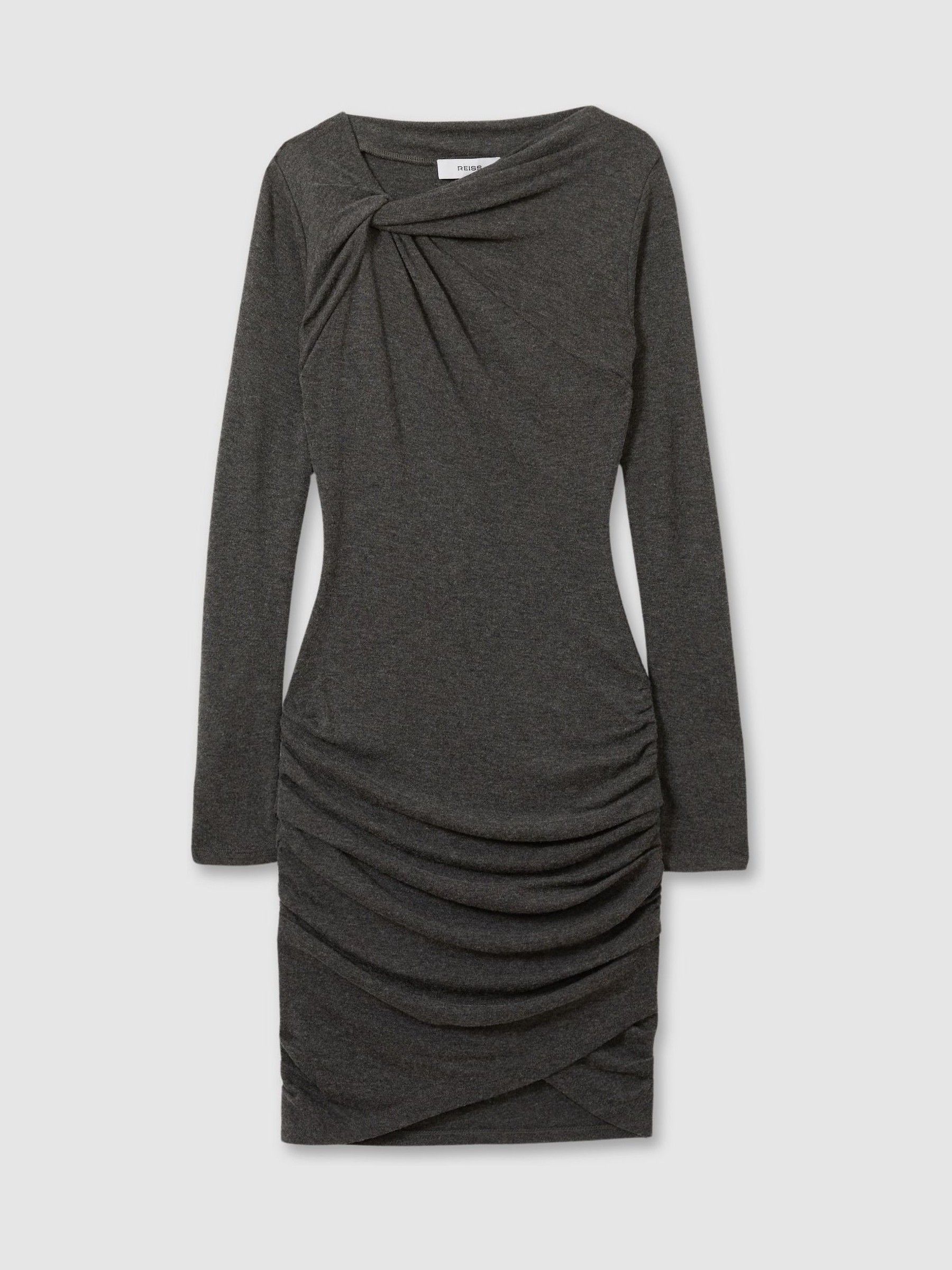 Knitted Twist Detail Mini Dress in Grey - Image 2 of 7