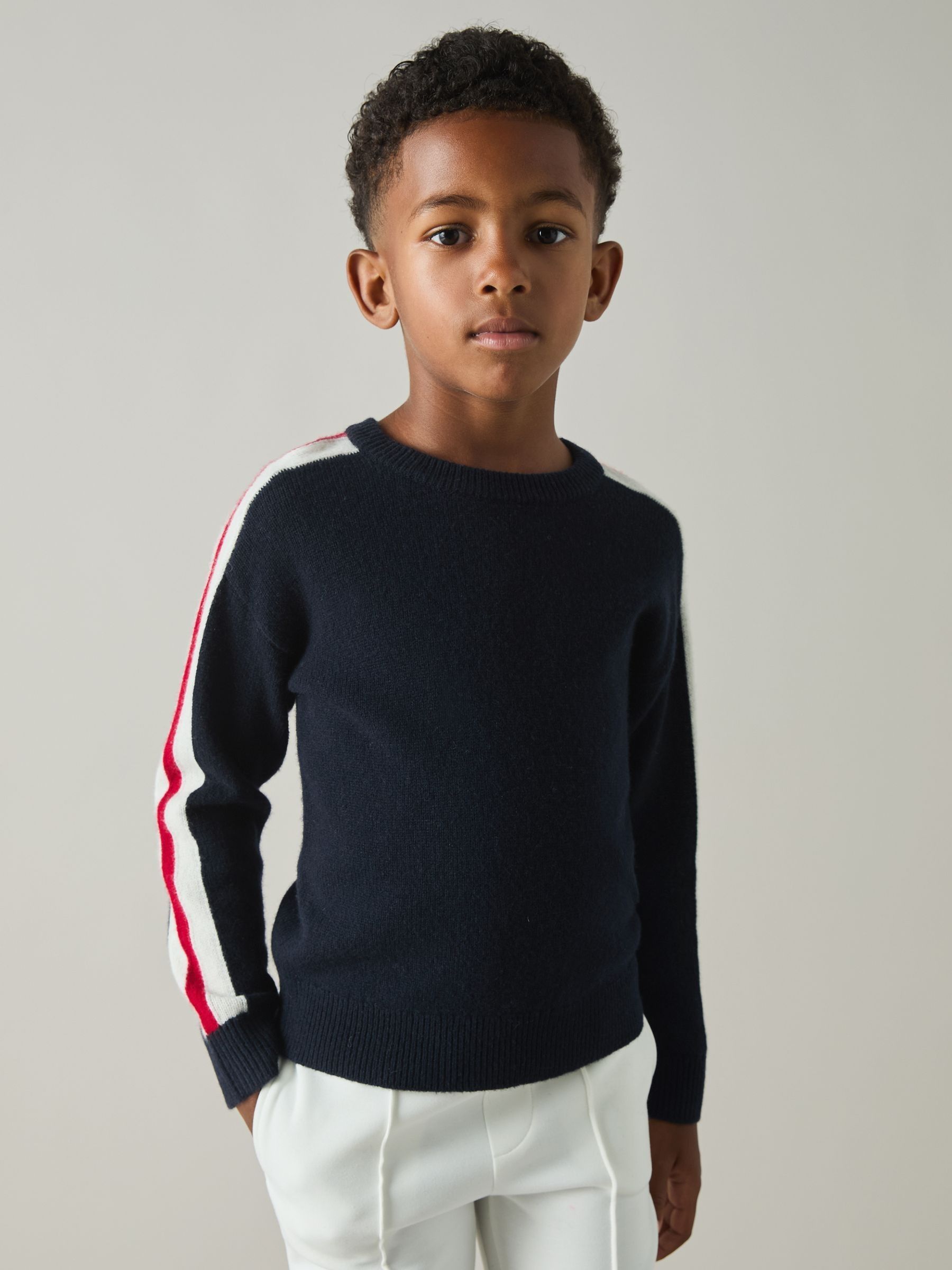 9-13 yrs Wool Stiped-Sleeve Jumper in Navy/Red - Image 1 of 4