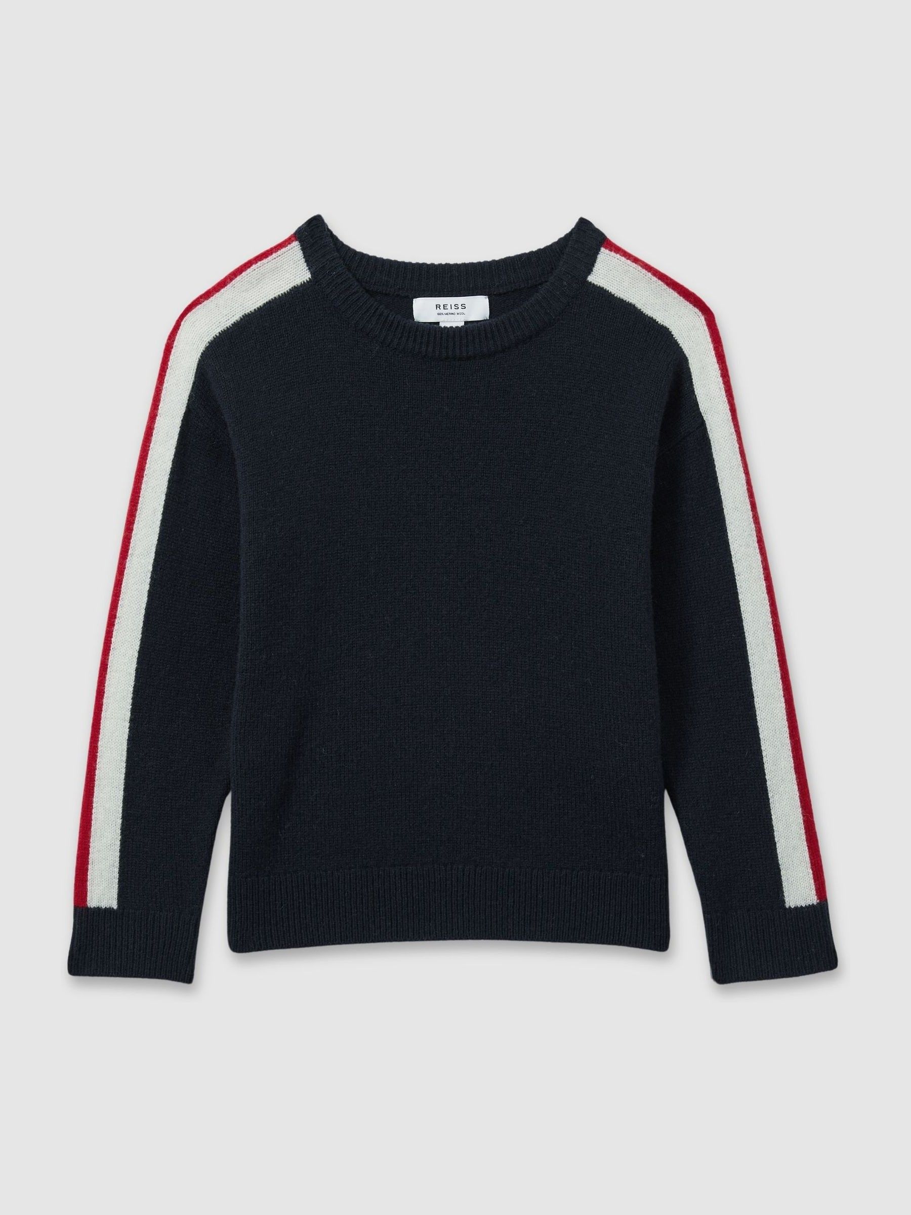 9-13 yrs Wool Stiped-Sleeve Jumper in Navy/Red - Image 2 of 4