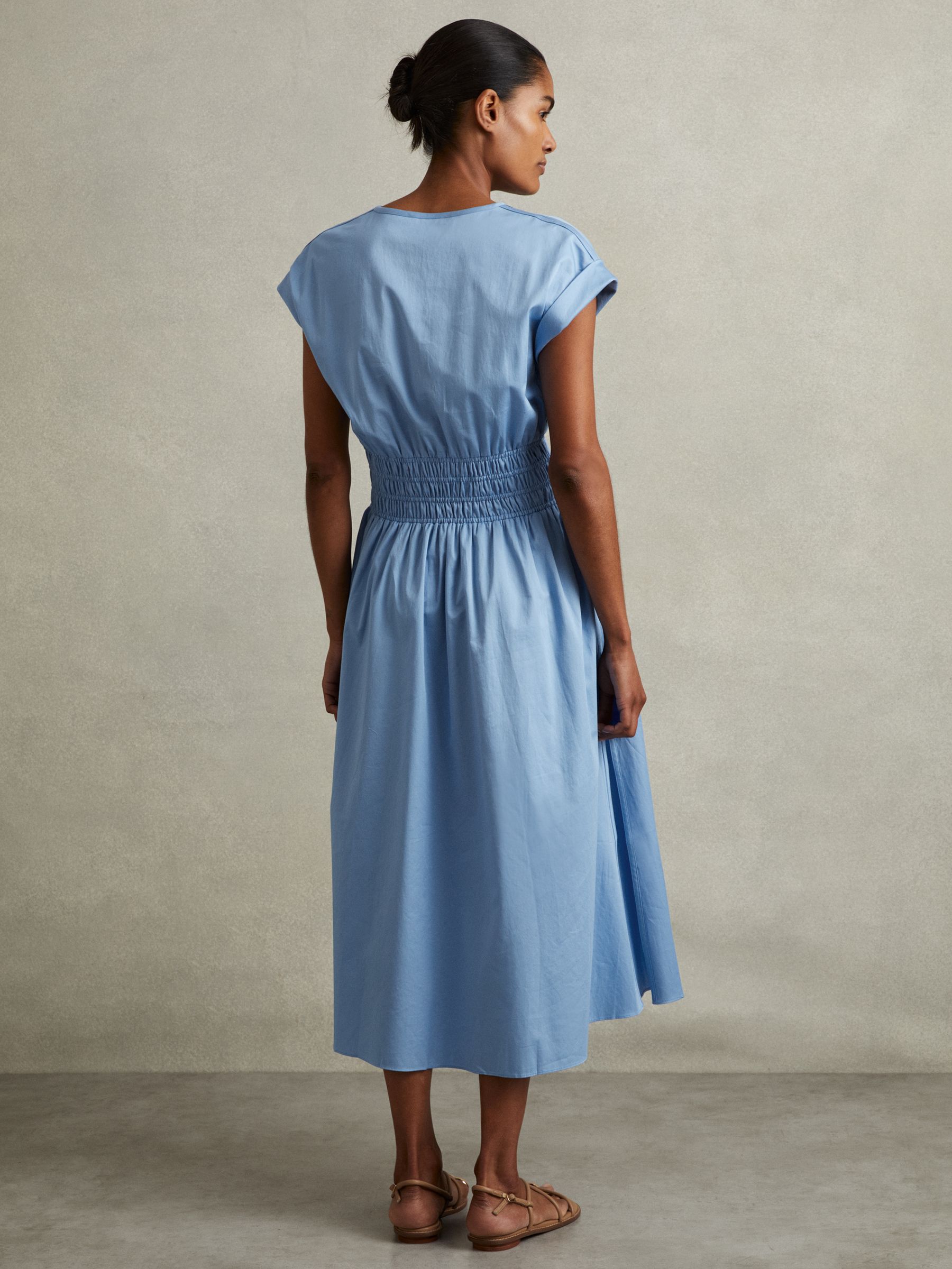 Cotton Ruched Waist Midi Dress in Blue - Image 4 of 5