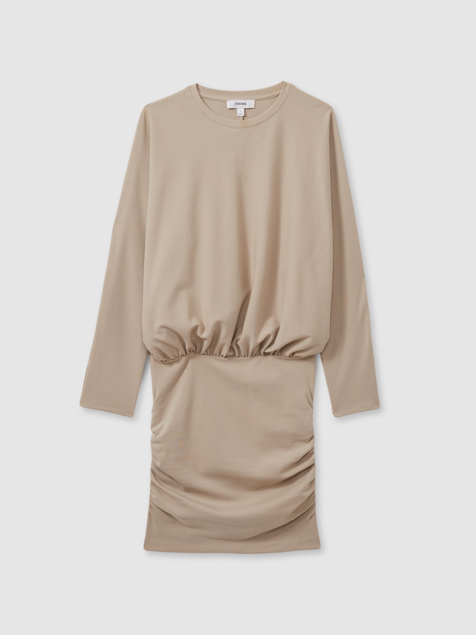 Lorenza Neutral Ruched Jersey Blouson Top Mini Dress - Image 2 of 5