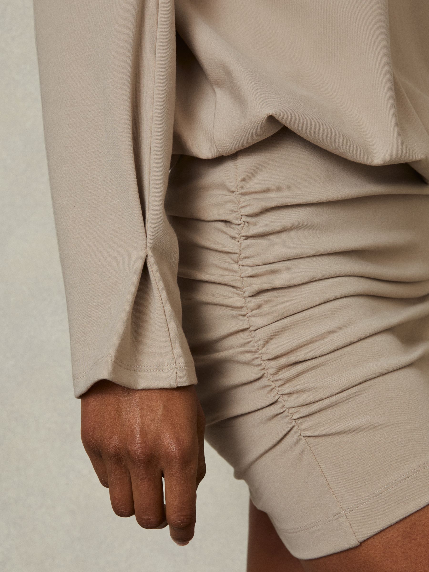 Lorenza Neutral Ruched Jersey Blouson Top Mini Dress - Image 3 of 5