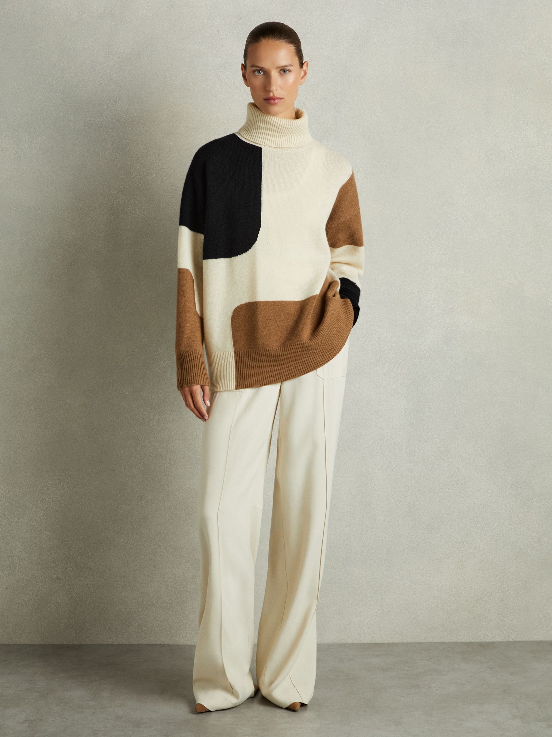 Wool-Cashmere Colourblock-Intarsia Jumper in Cream/Brown - Image 3 of 7