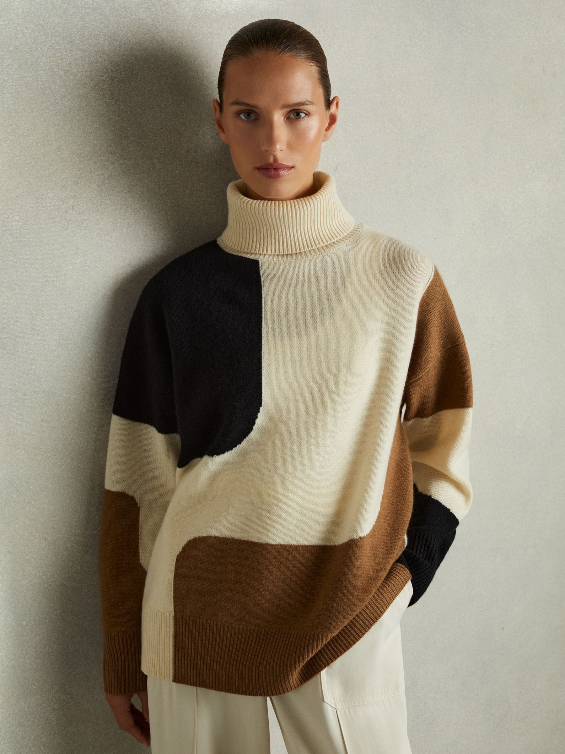 Wool-Cashmere Colourblock-Intarsia Jumper in Cream/Brown - Image 4 of 7