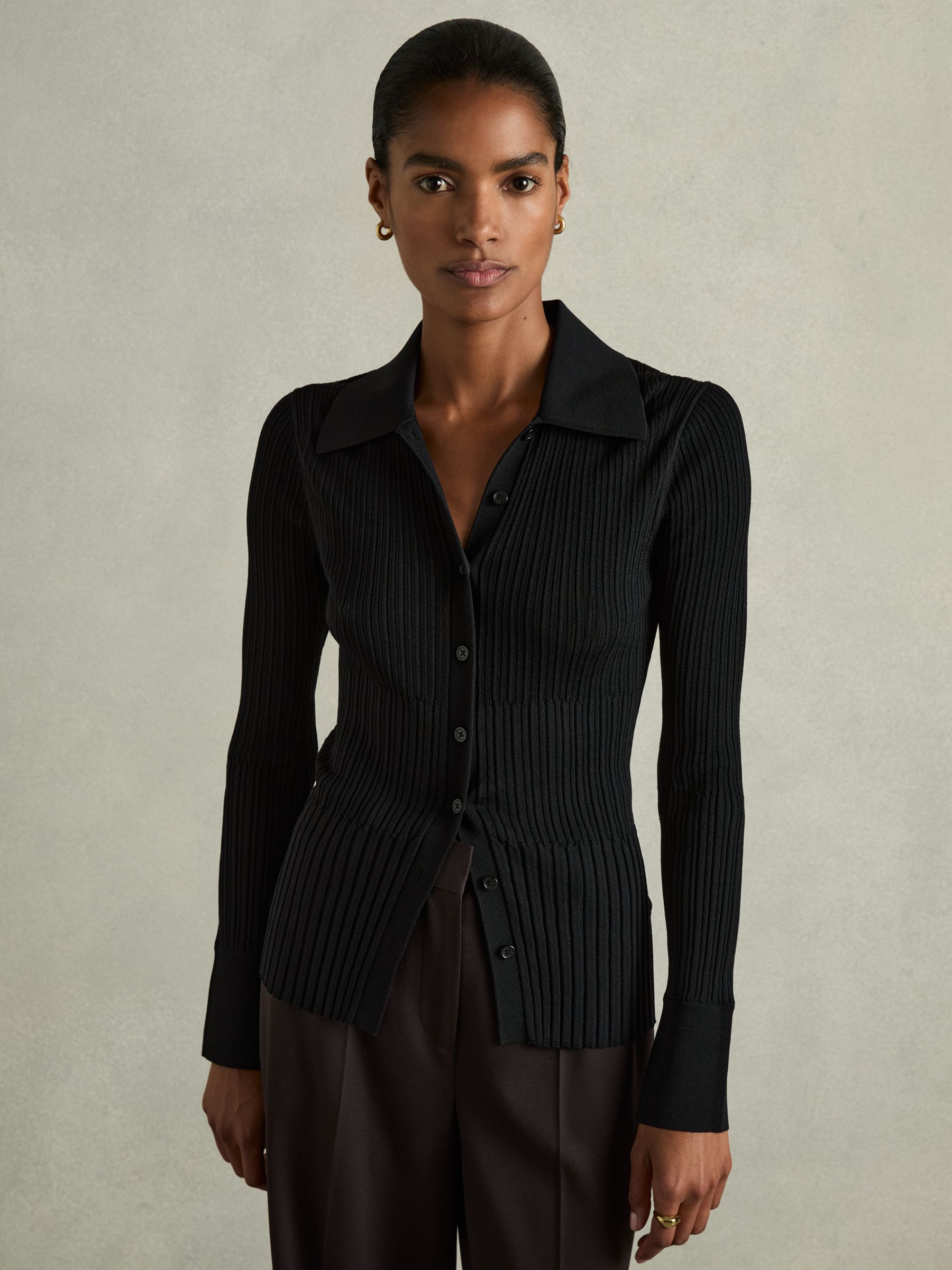 Ribbed Knitted Shirt in Black - Image 5 of 8