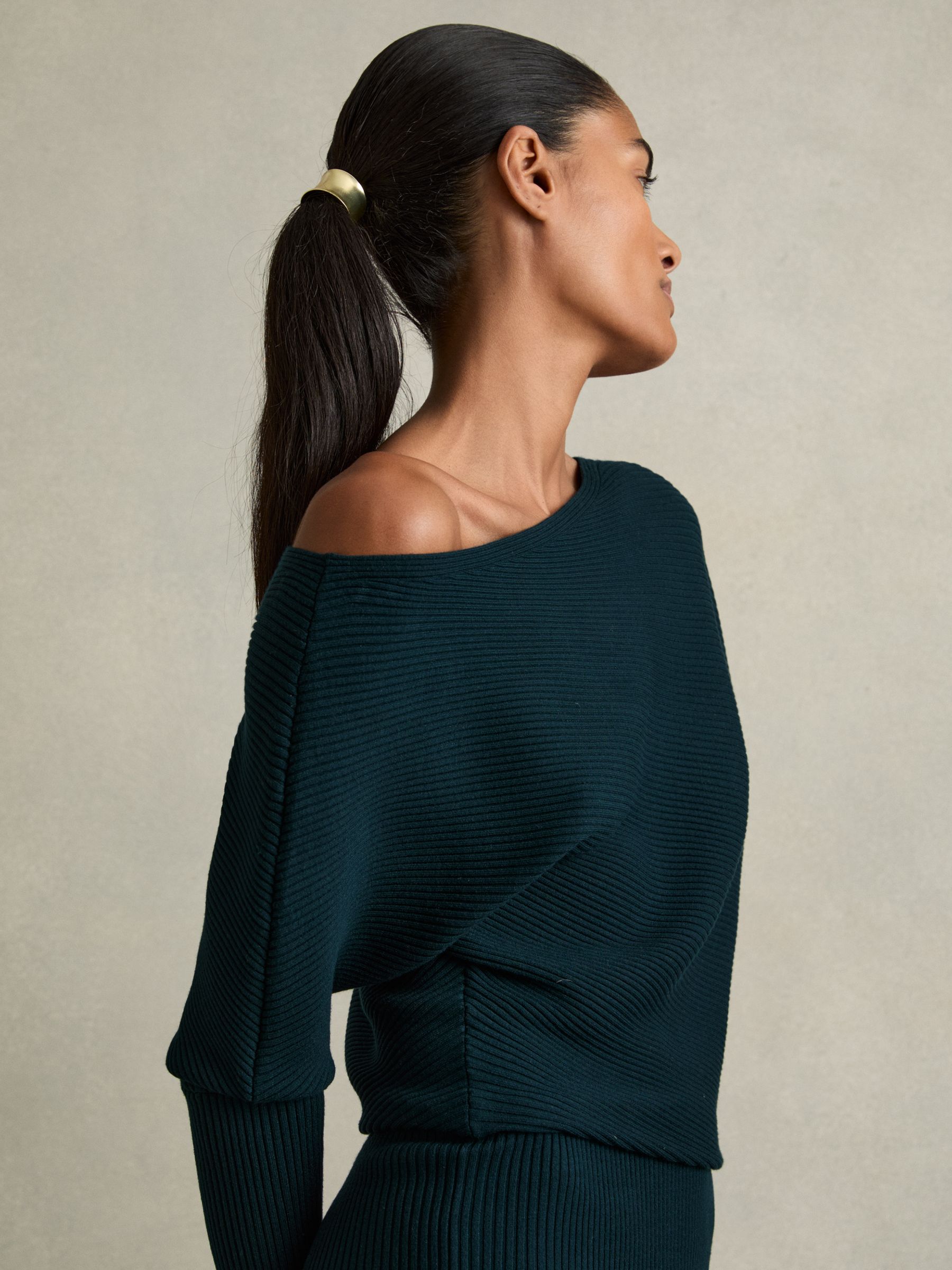 Ribbed Off-the-Shoulder Dress in Teal - Image 4 of 6