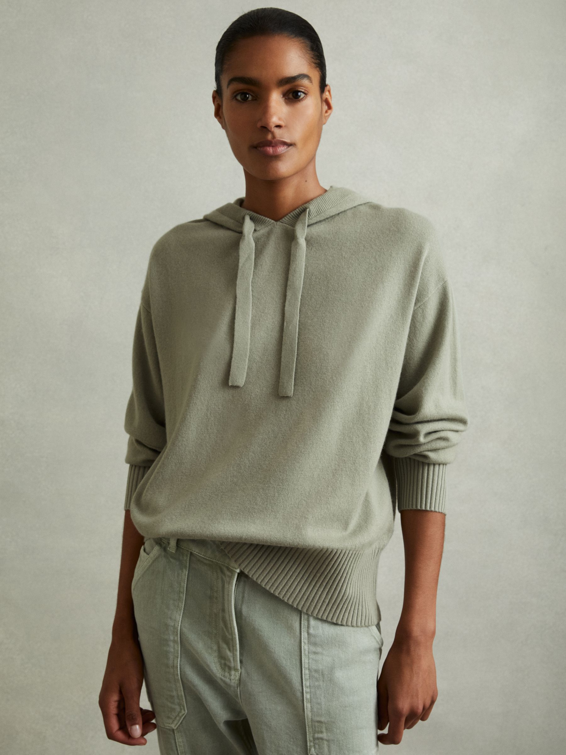 Wool Blend Drawstring Hoodie with Cashmere in Sage - Image 1 of 6