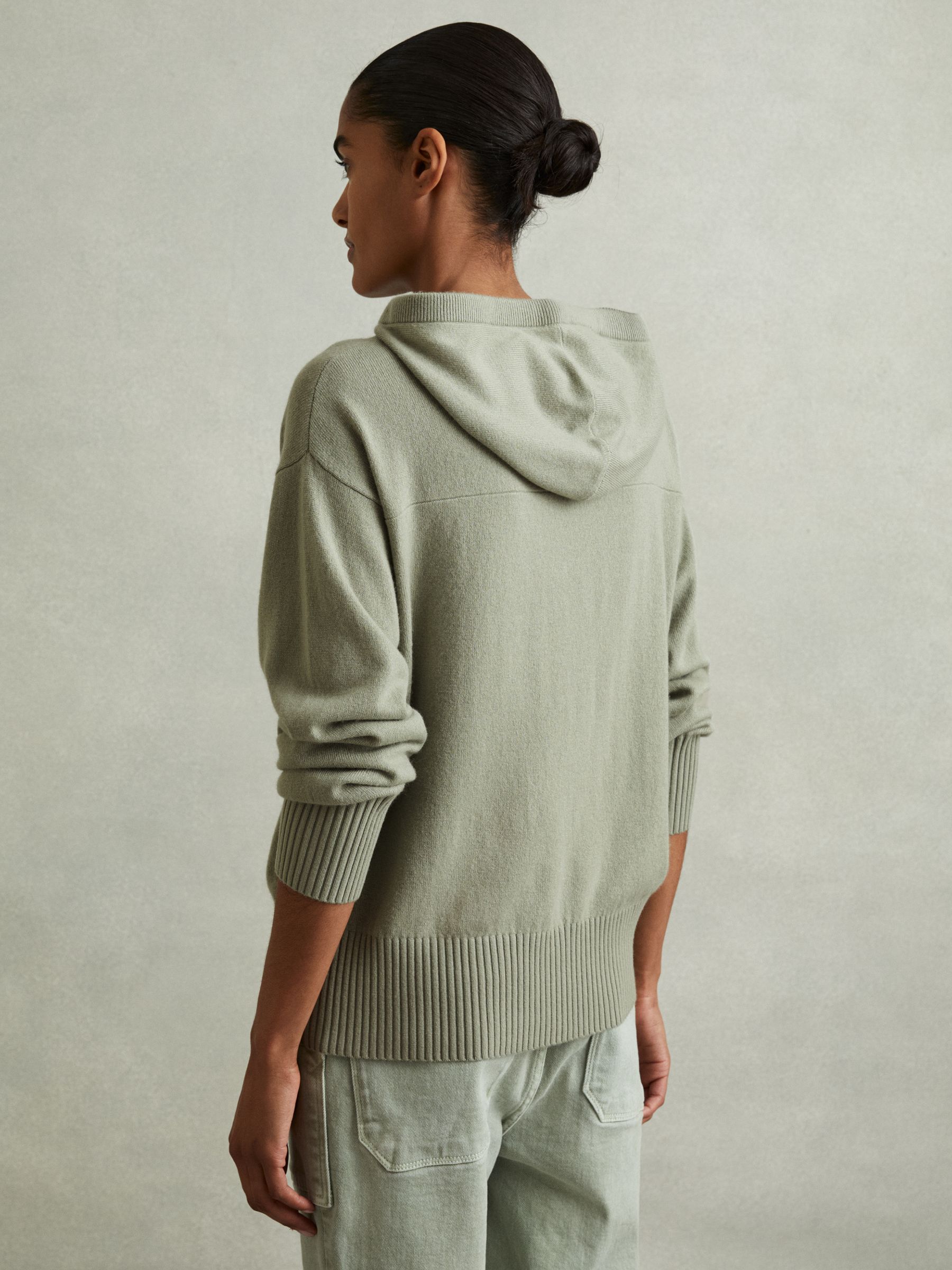 Wool Blend Drawstring Hoodie with Cashmere in Sage - Image 4 of 6