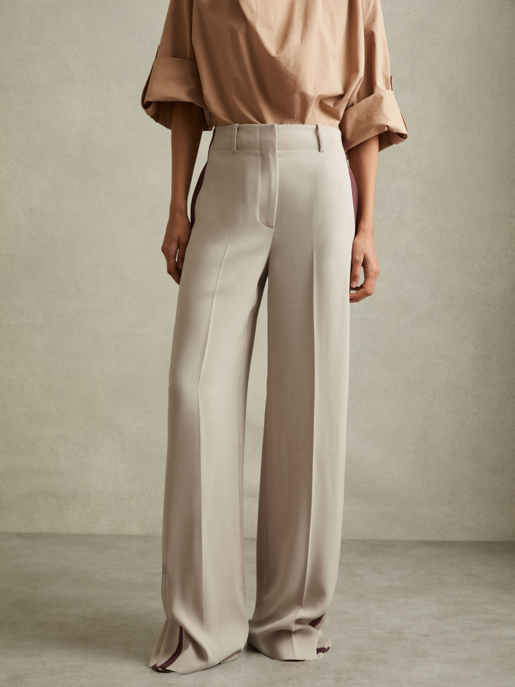 Petite Side Stripe Wide Leg Trousers in Stone - Image 1 of 7