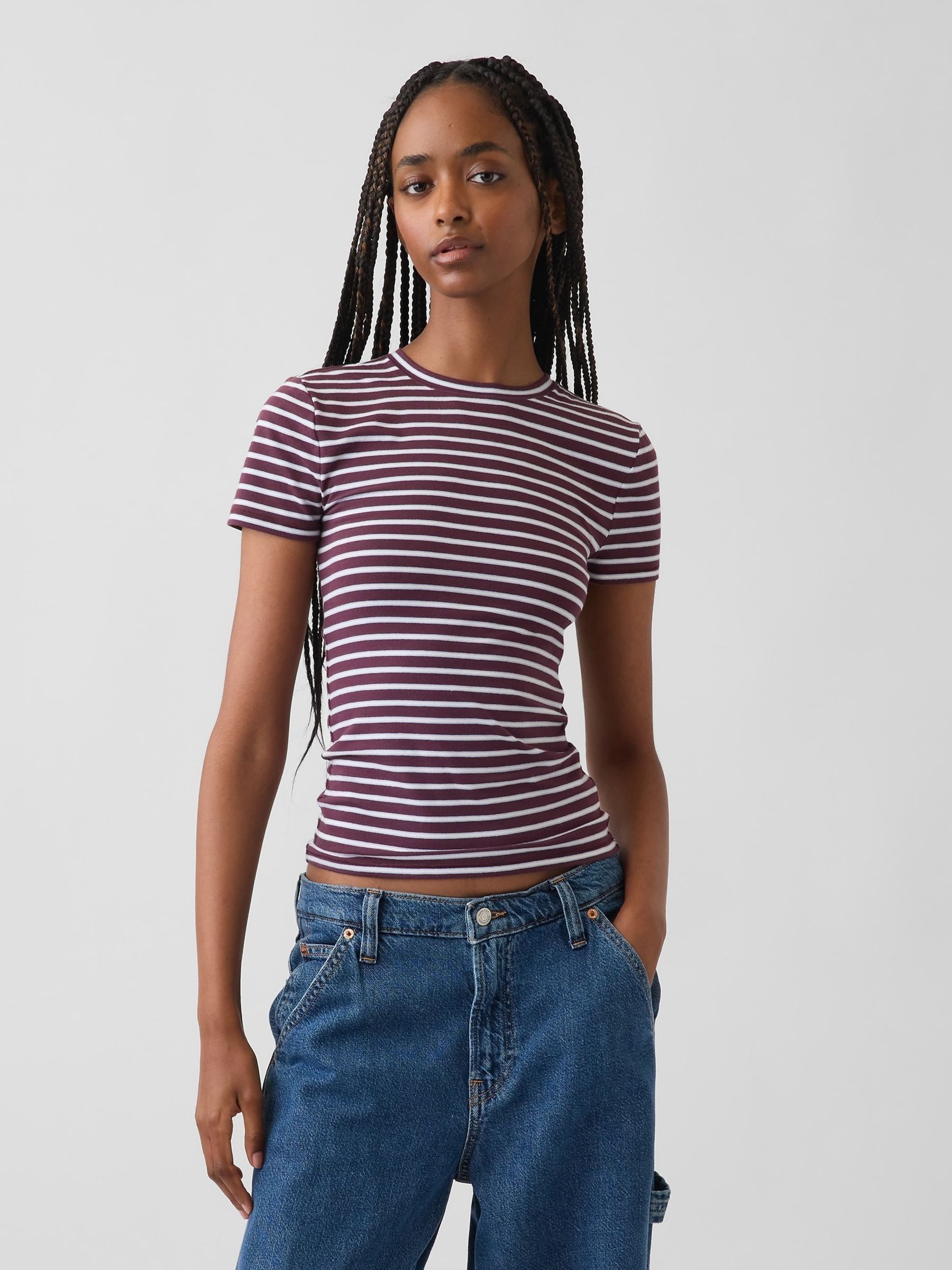 Burgundy Stripe Close Knit Jersey Short Sleeve T-Shirt - Image 1 of 4 Burgundy Stripe Close Knit Jersey Short Sleeve T-Shirt - Image 1 of 4