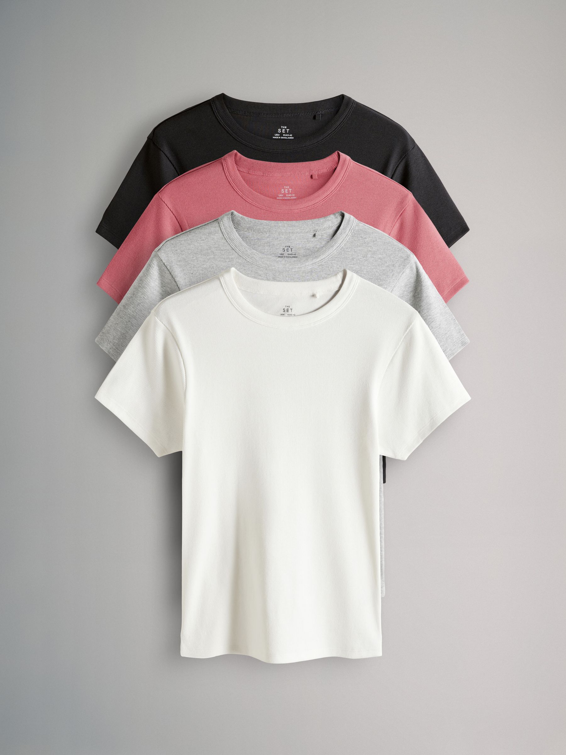 Black/Rose Pink/Cream/Light Grey - 4 Pack Ribbed Short Sleeve T-Shirts - Image 1 of 10