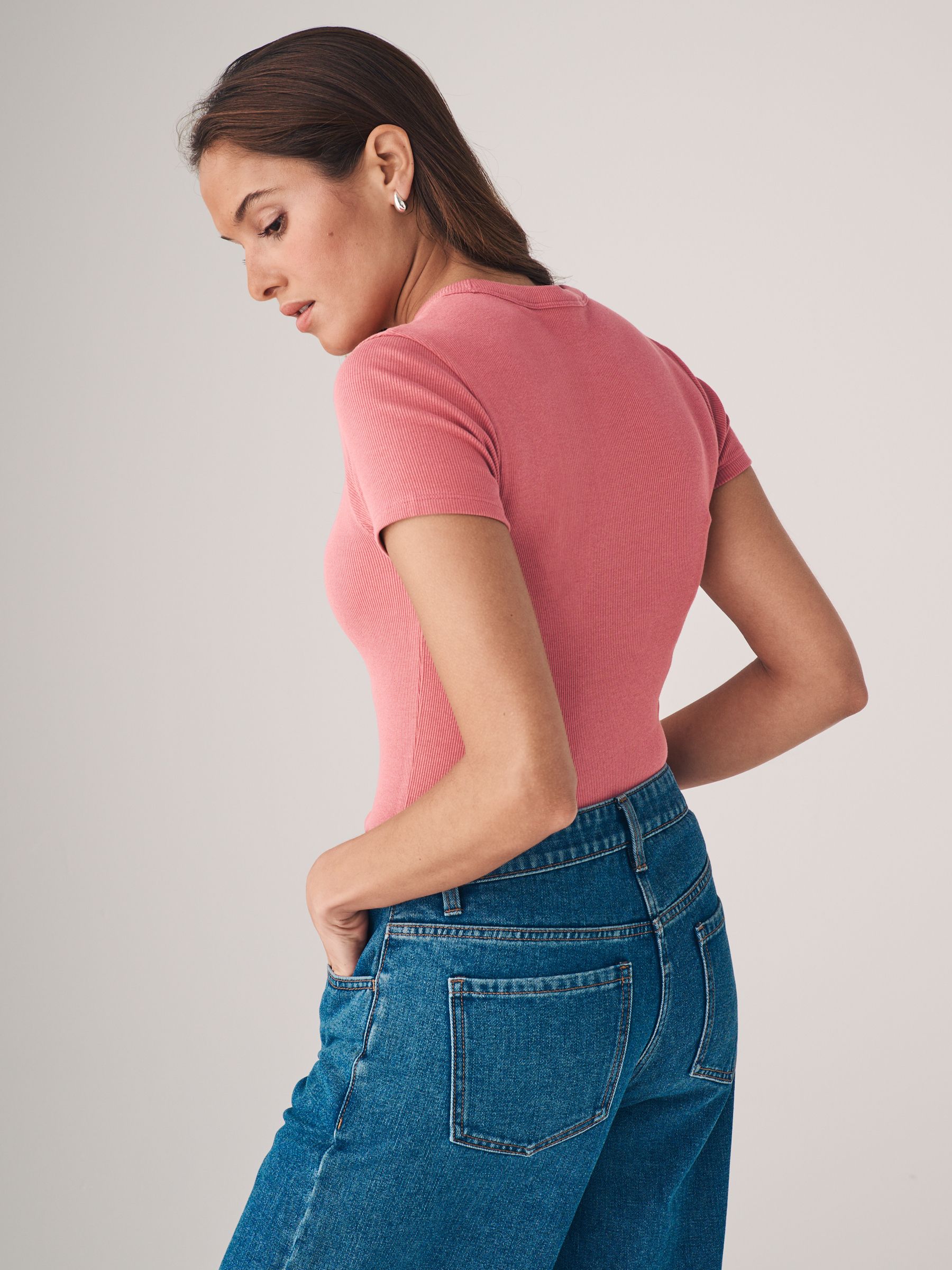 Black/Rose Pink/Cream/Light Grey - 4 Pack Ribbed Short Sleeve T-Shirts - Image 3 of 10