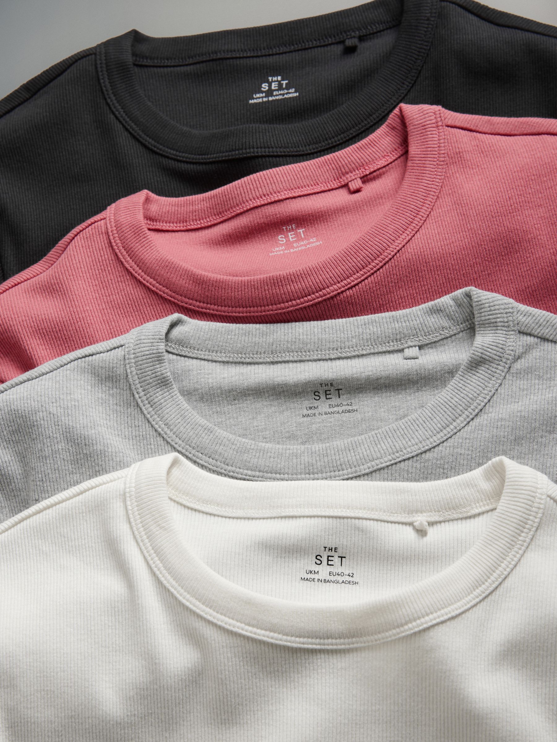 Black/Rose Pink/Cream/Light Grey - 4 Pack Ribbed Short Sleeve T-Shirts - Image 5 of 10