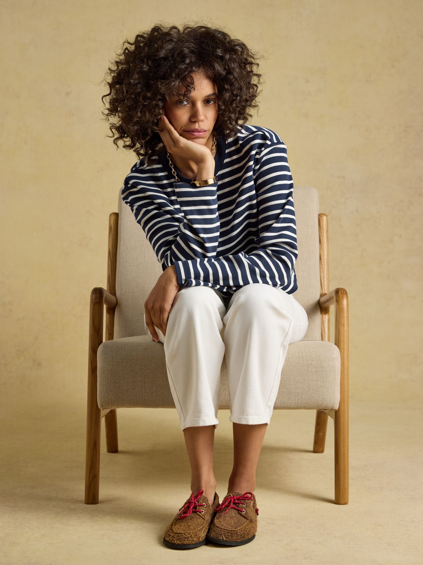 Cara Navy & Cream Striped Boxy Crew Neck Jersey Top - Image 3 of 7