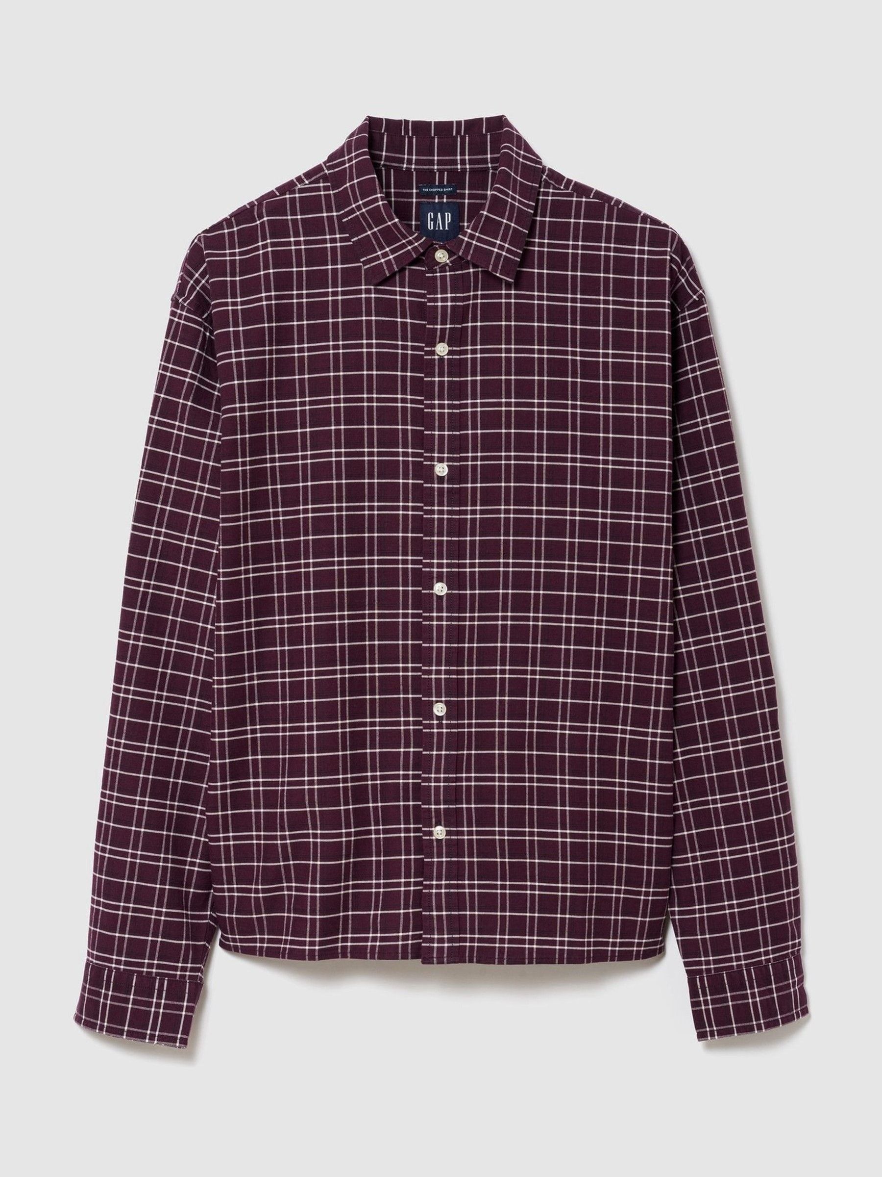 Burgundy Check Relaxed Boxy Straight-Hem Oxford Shirt - Image 1 of 2