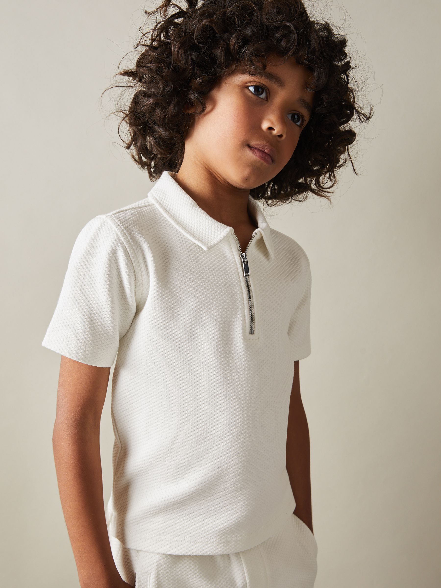 Teen Textured Half-Zip Polo Shirt in Off White - Image 3 of 4