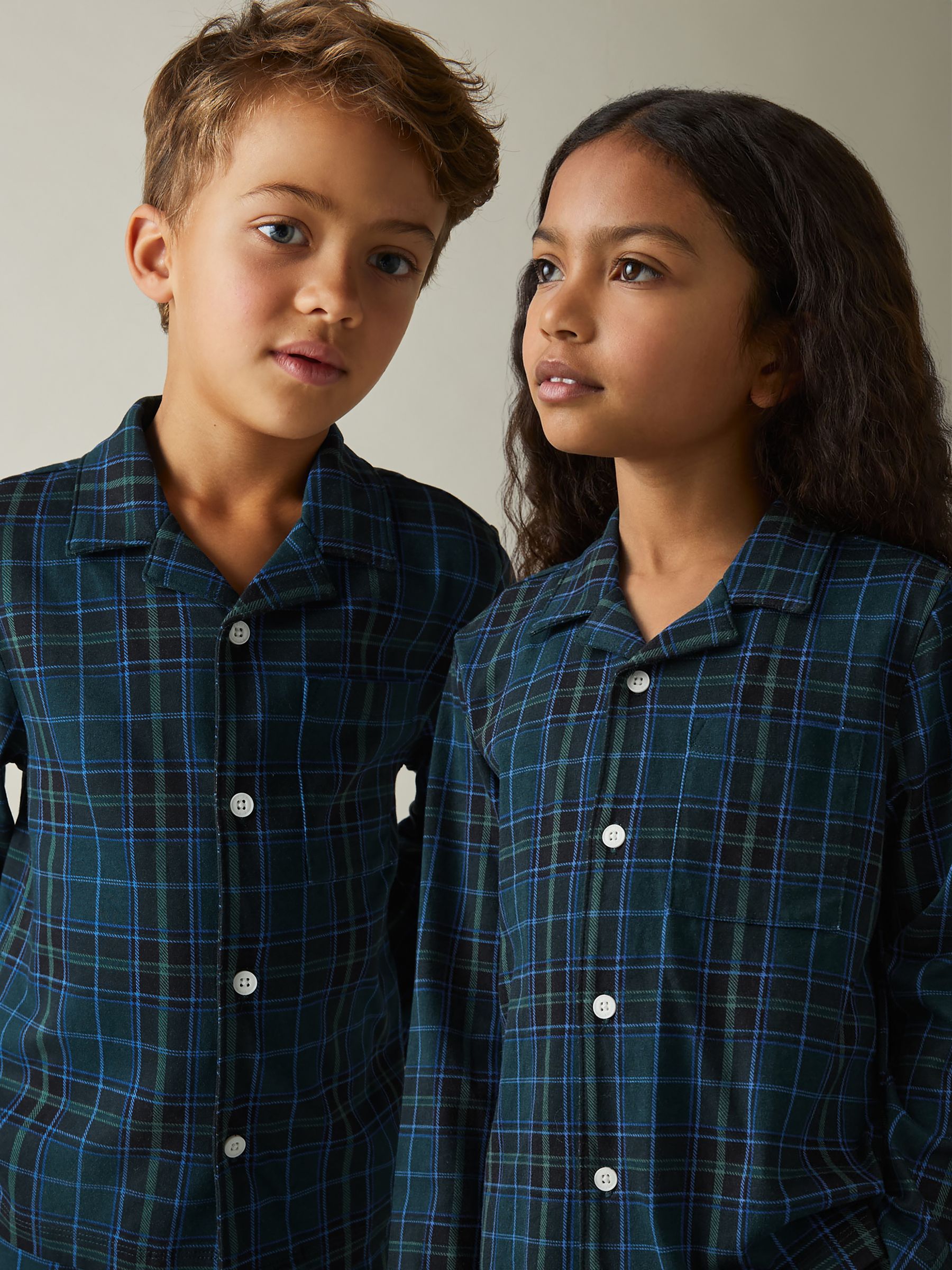 9-13 yrs Brushed-Cotton Check Pyjama Set in Green/Navy/White - Image 1 of 5