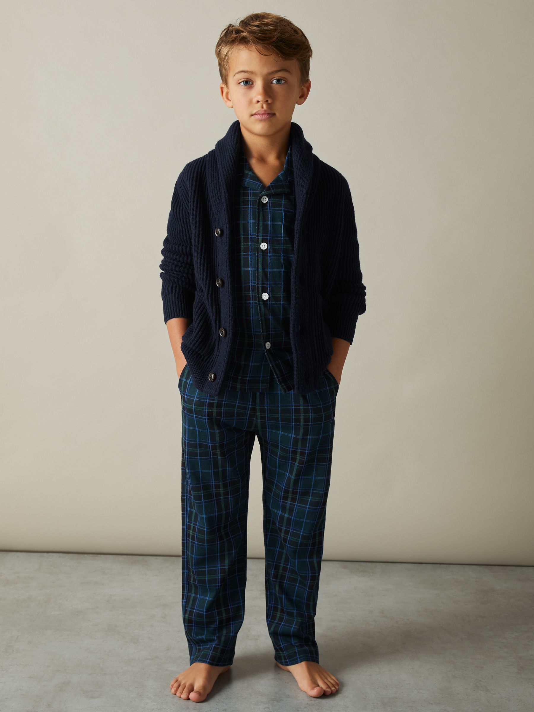 9-13 yrs Brushed-Cotton Check Pyjama Set in Green/Navy/White - Image 3 of 5