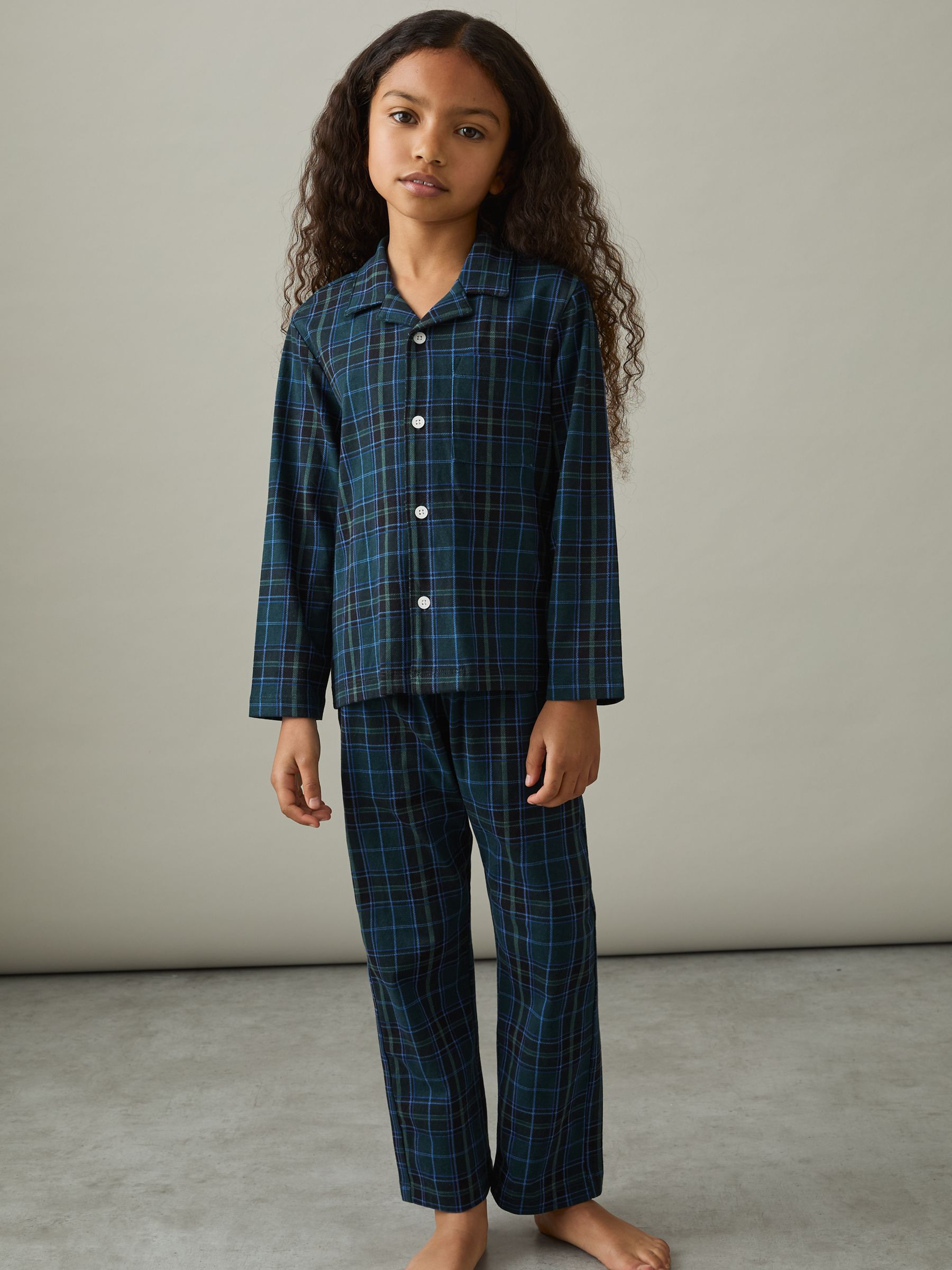 9-13 yrs Brushed-Cotton Check Pyjama Set in Green/Navy/White - Image 4 of 5