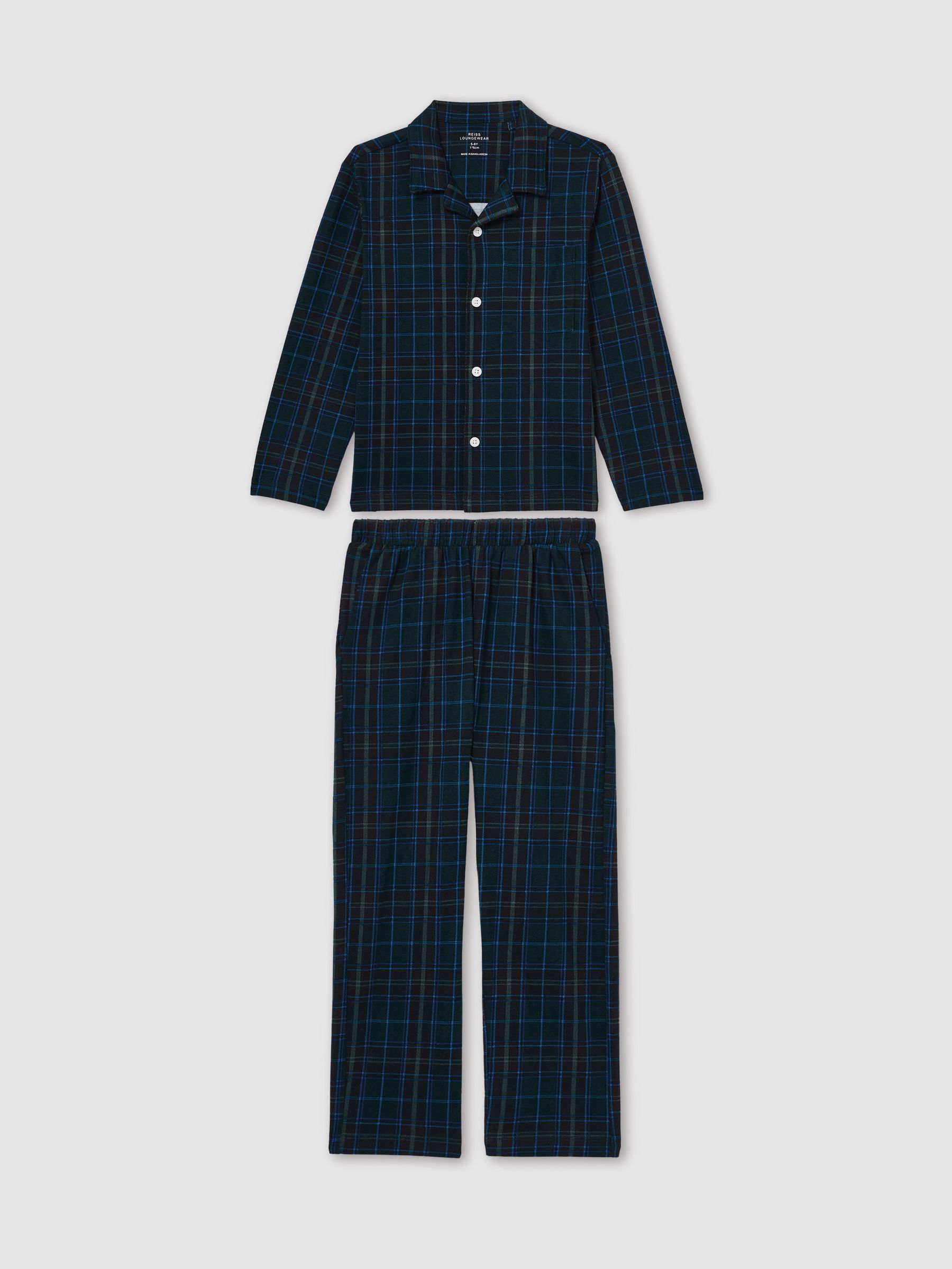 3-9 yrs Brushed-Cotton Check Pyjama Set in Green/Navy/White - Image 2 of 5