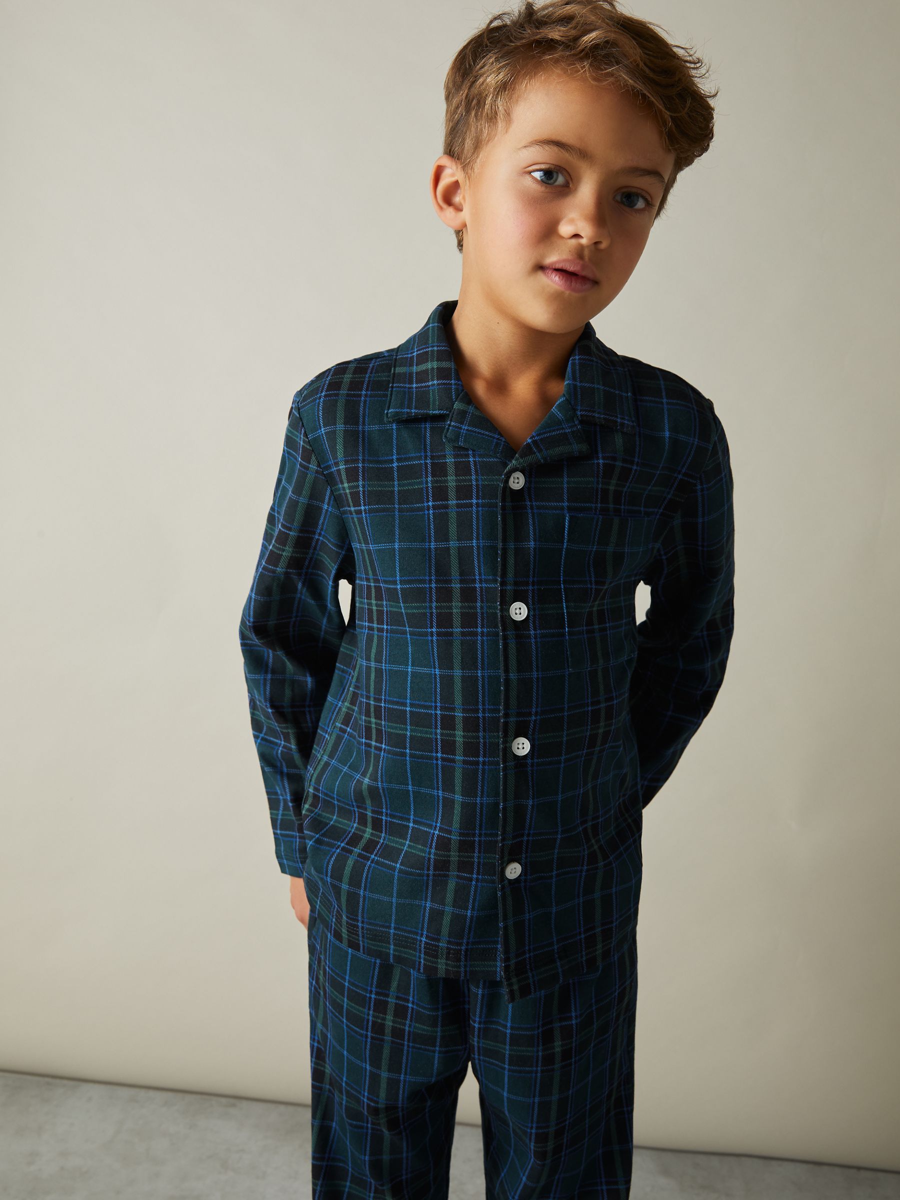 3-9 yrs Brushed-Cotton Check Pyjama Set in Green/Navy/White - Image 3 of 5