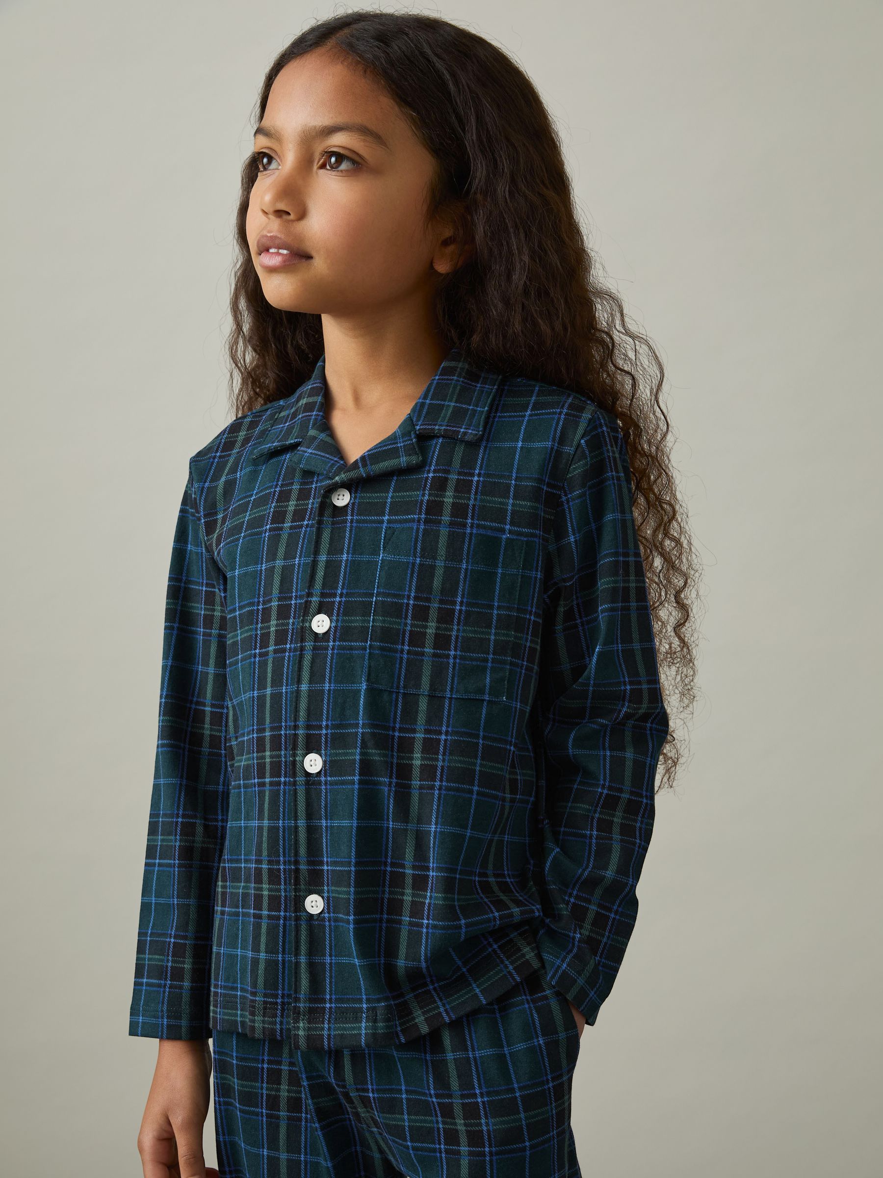 3-9 yrs Brushed-Cotton Check Pyjama Set in Green/Navy/White - Image 4 of 5