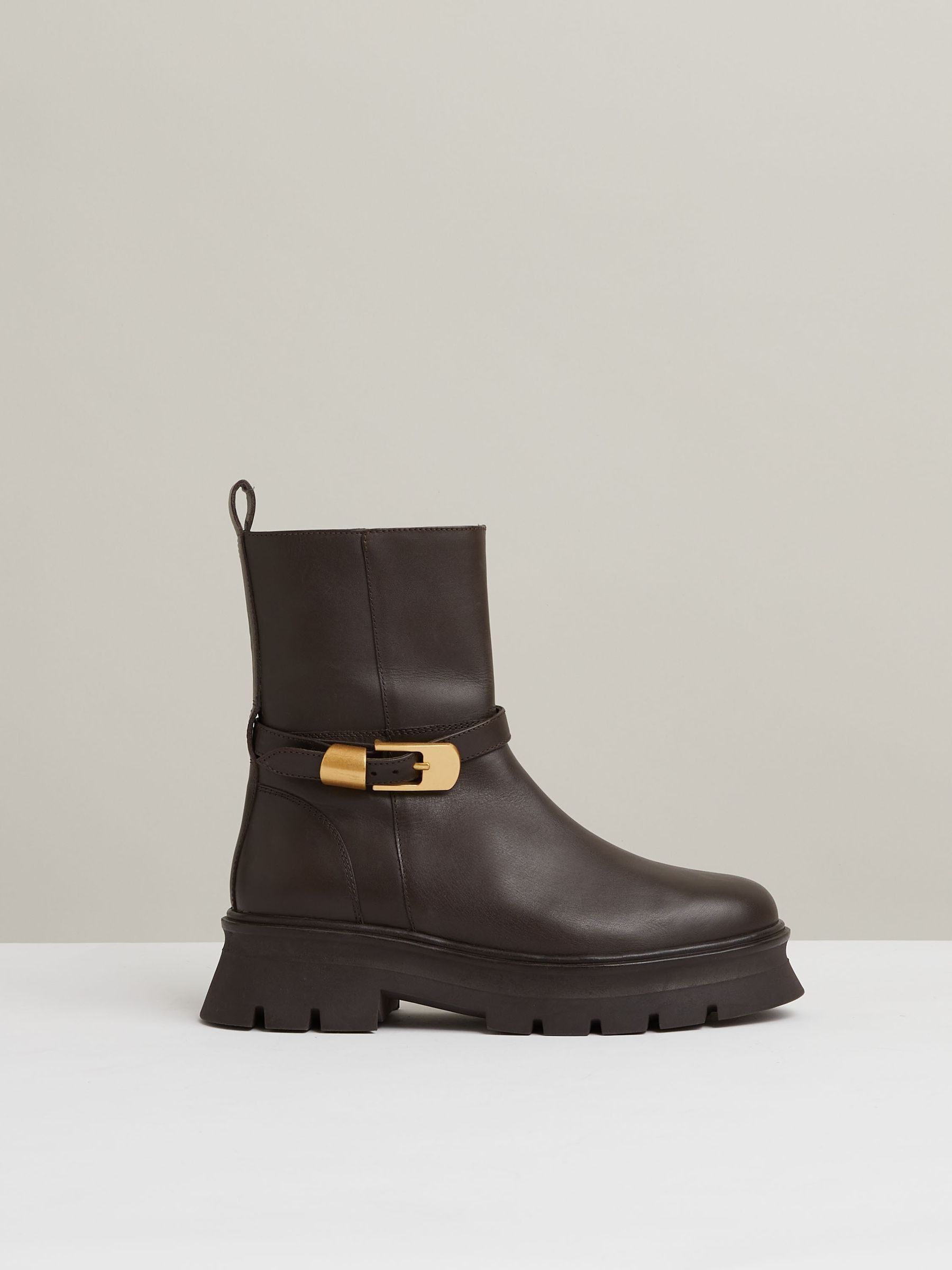 Leather Cleated Ankle Boots in Chocolate - Image 1 of 4