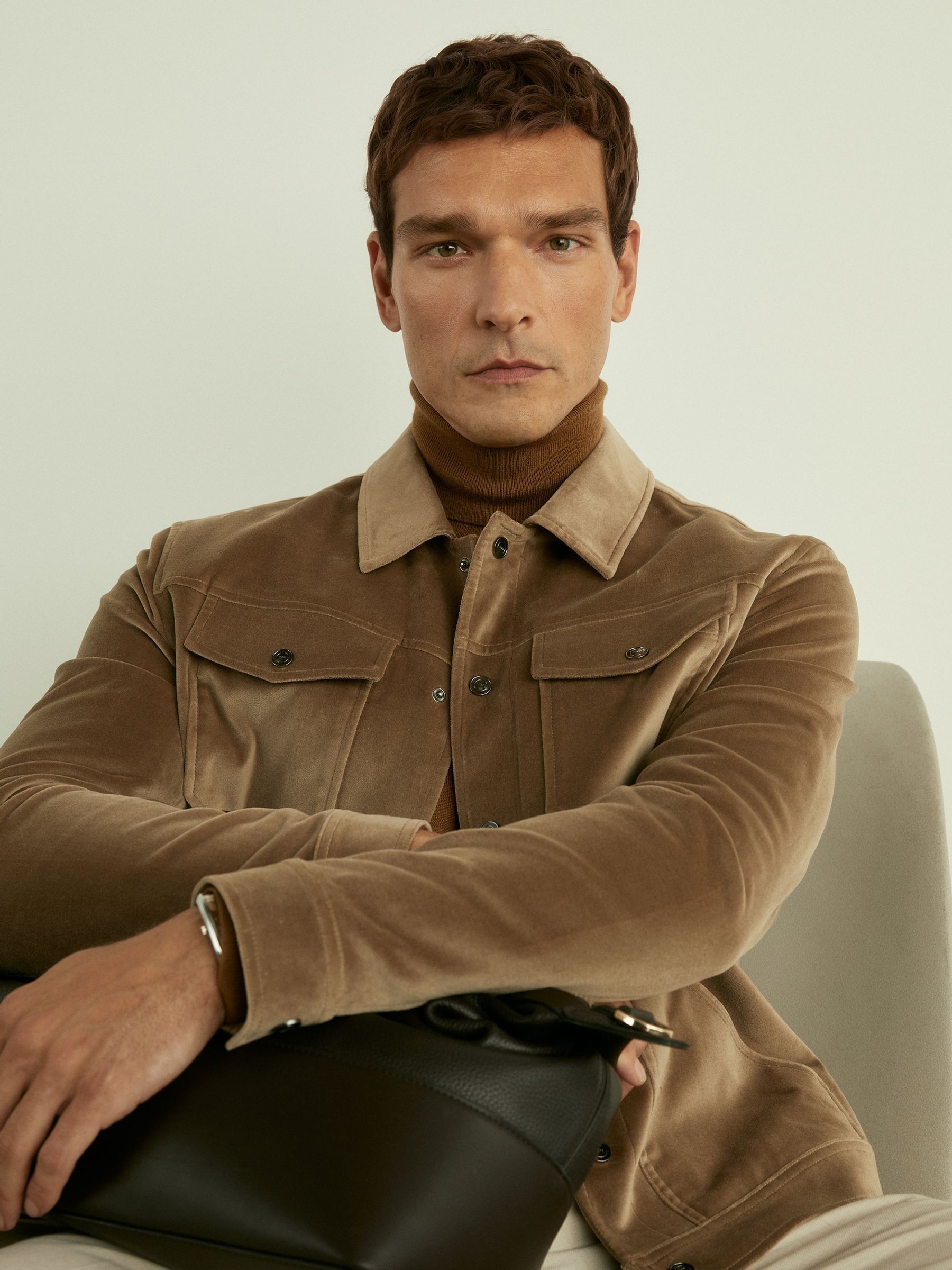 Cotton-Blend Velvet Jacket in Taupe Brown - Image 4 of 6