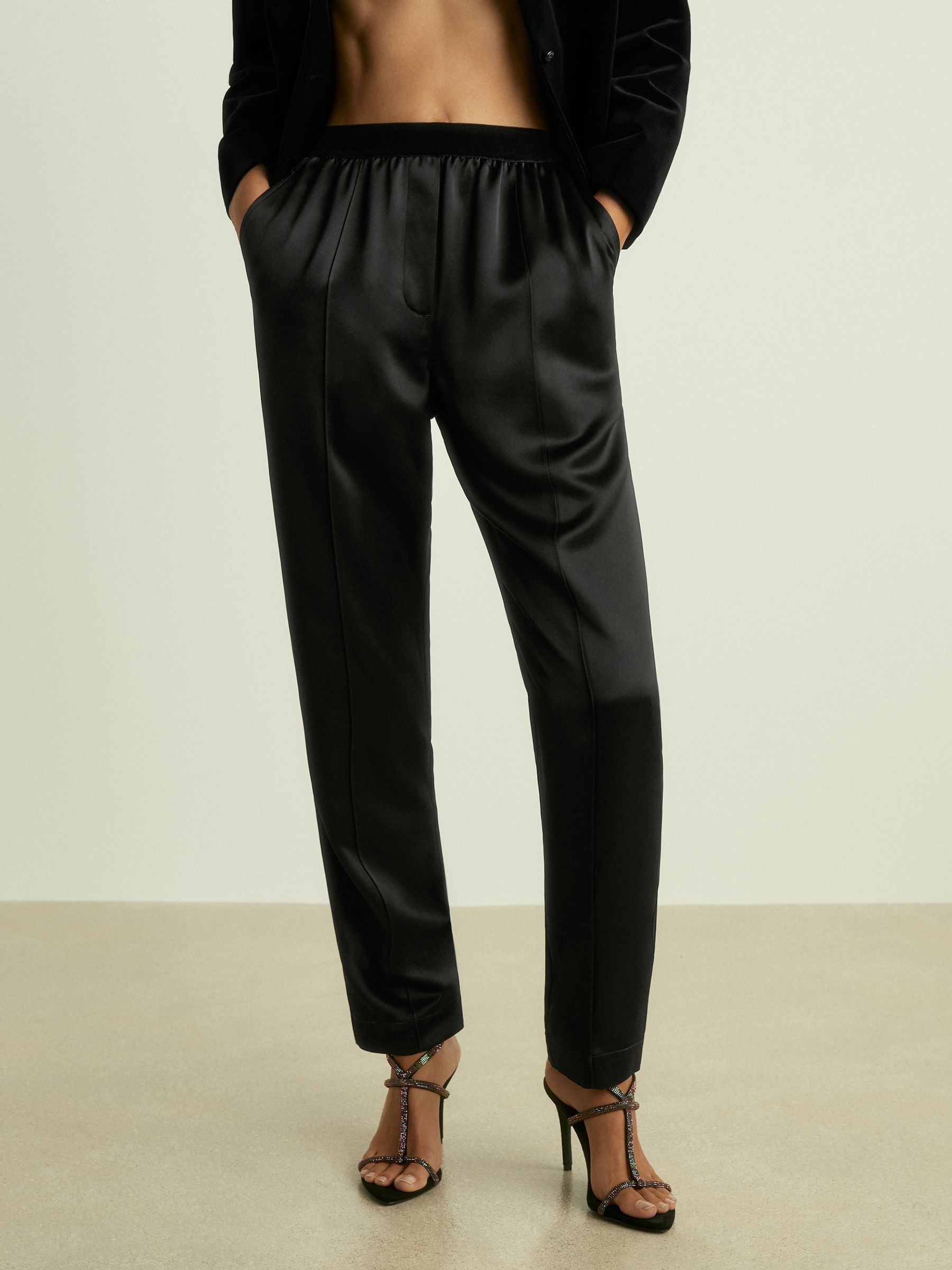 Satin Elasticated Tapered Trousers in Black - Image 3 of 6