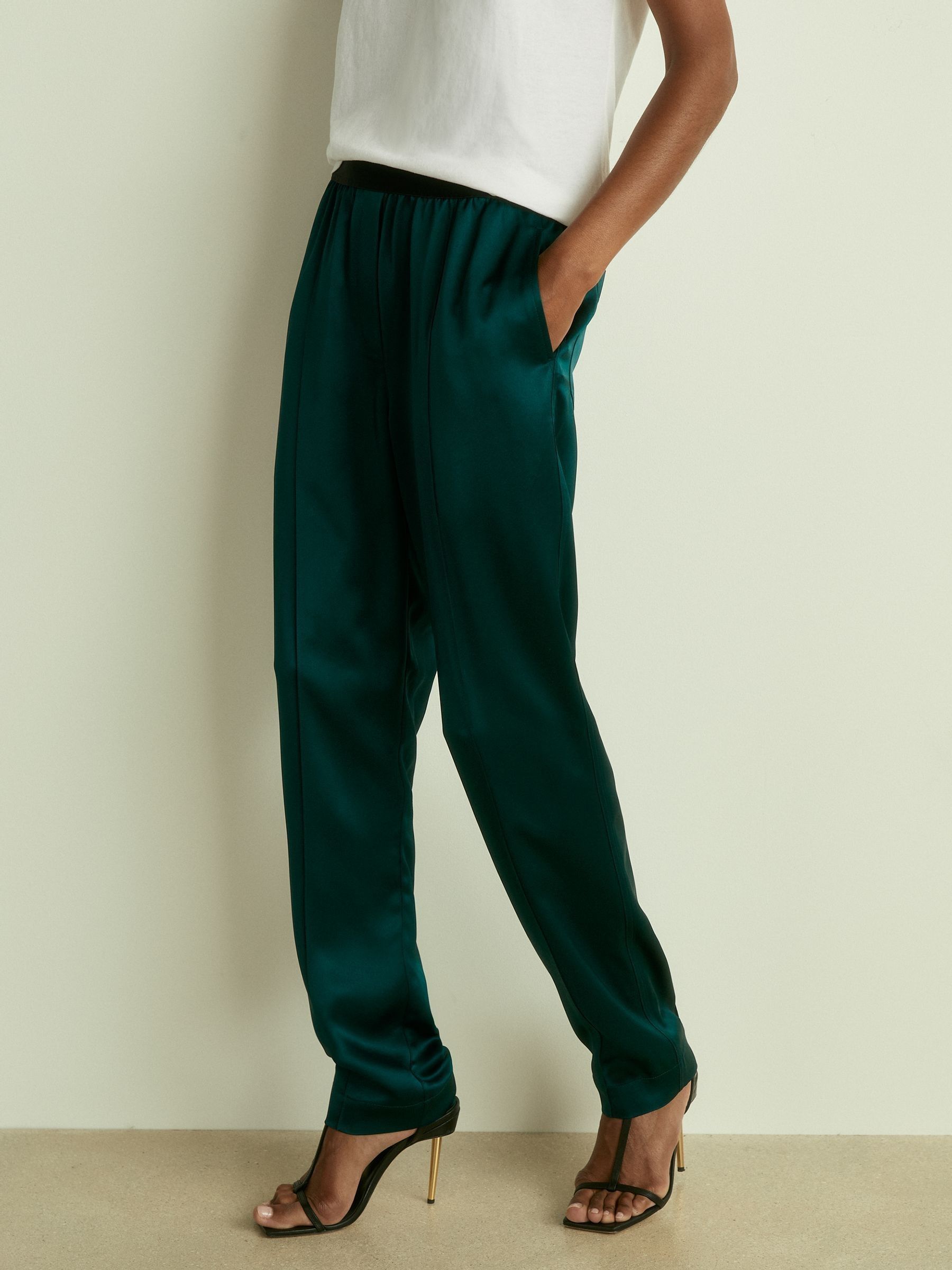 Satin Elasticated Tapered Trousers in Teal - Image 3 of 7
