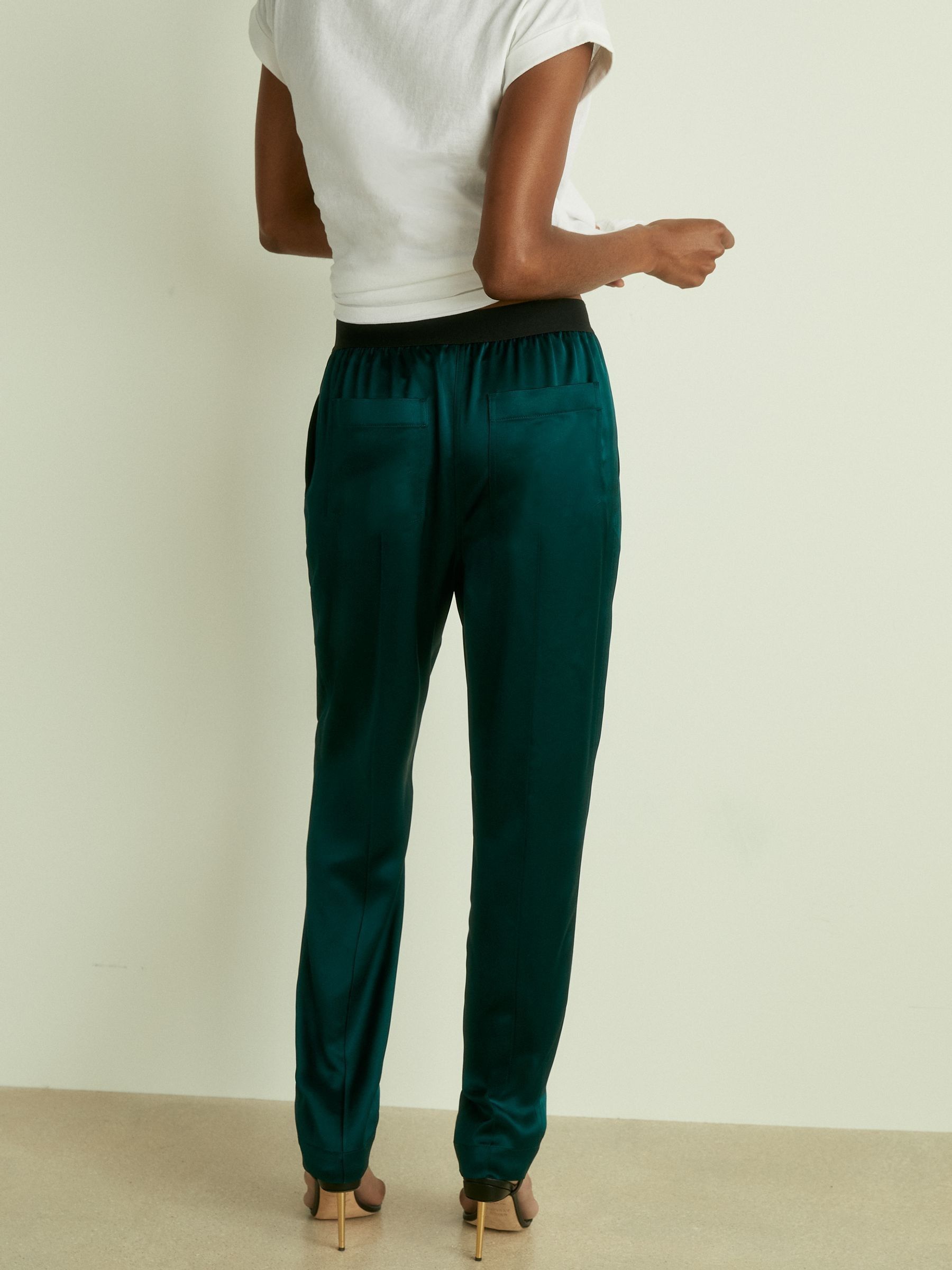 Satin Elasticated Tapered Trousers in Teal - Image 5 of 7