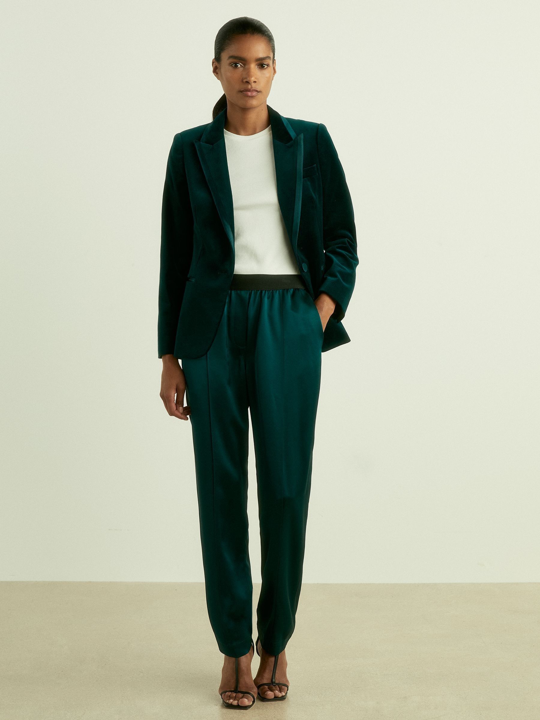 Satin Elasticated Tapered Trousers in Teal - Image 6 of 7