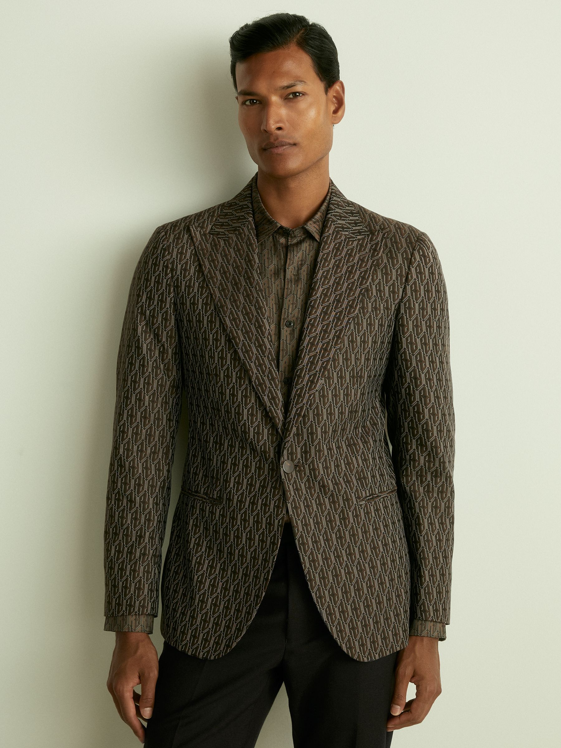 Monogram-Jacquard Twill Blazer in Chocolate Brown - Image 1 of 7