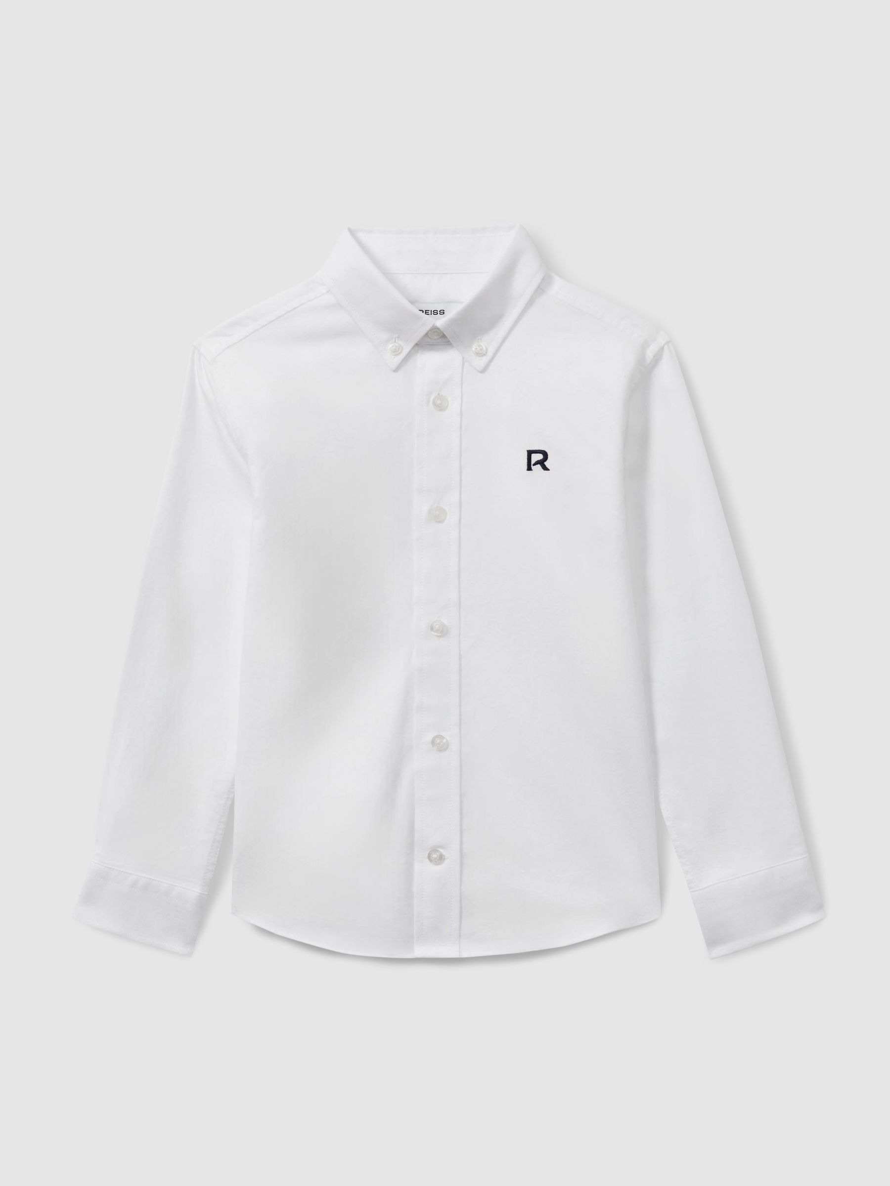 Cotton-Oxford Embroidered Button-Down Shirt in White/Navy - Image 1 of 4 Cotton-Oxford Embroidered Button-Down Shirt in White/Navy - Image 1 of 4