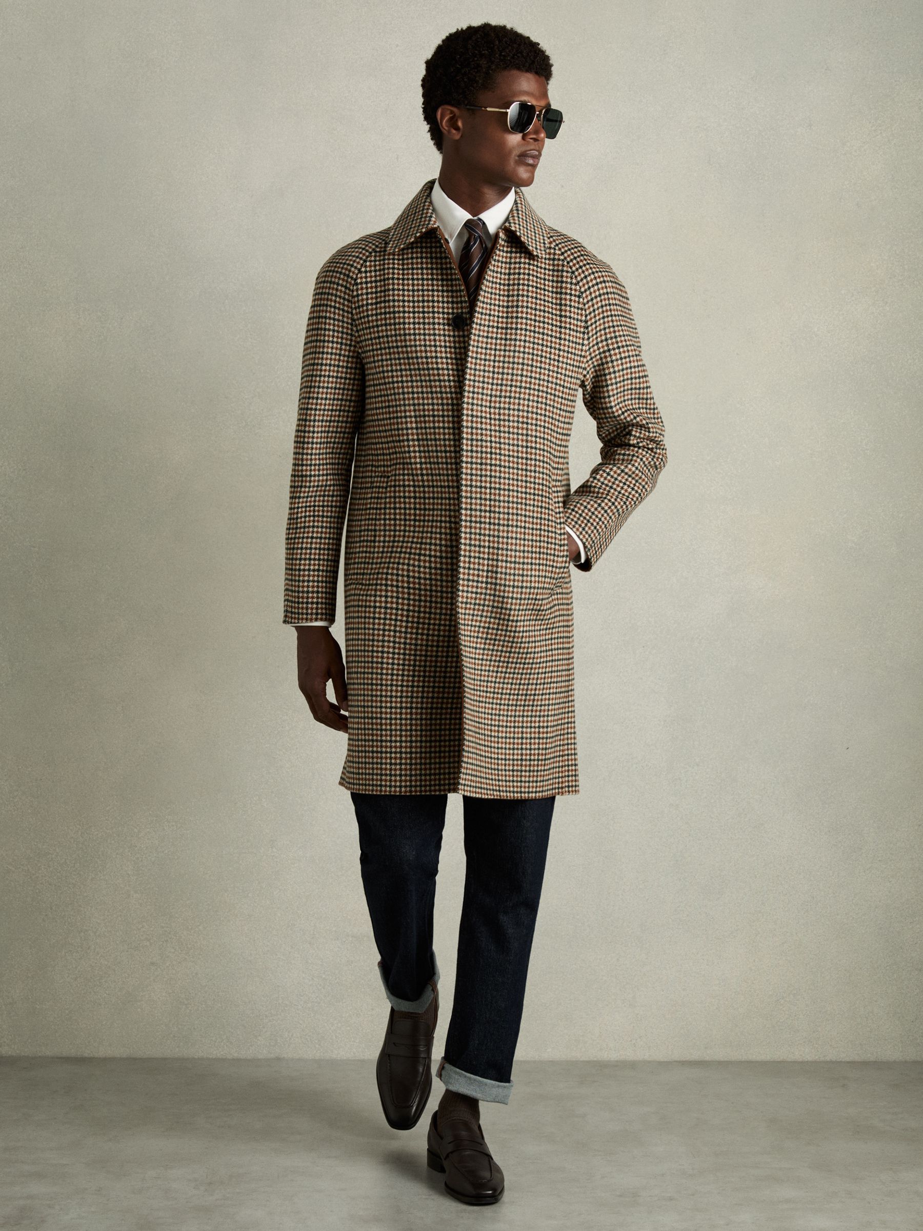 Wool Dogtooth Check Car Coat in Brown Multi - Image 1 of 8
