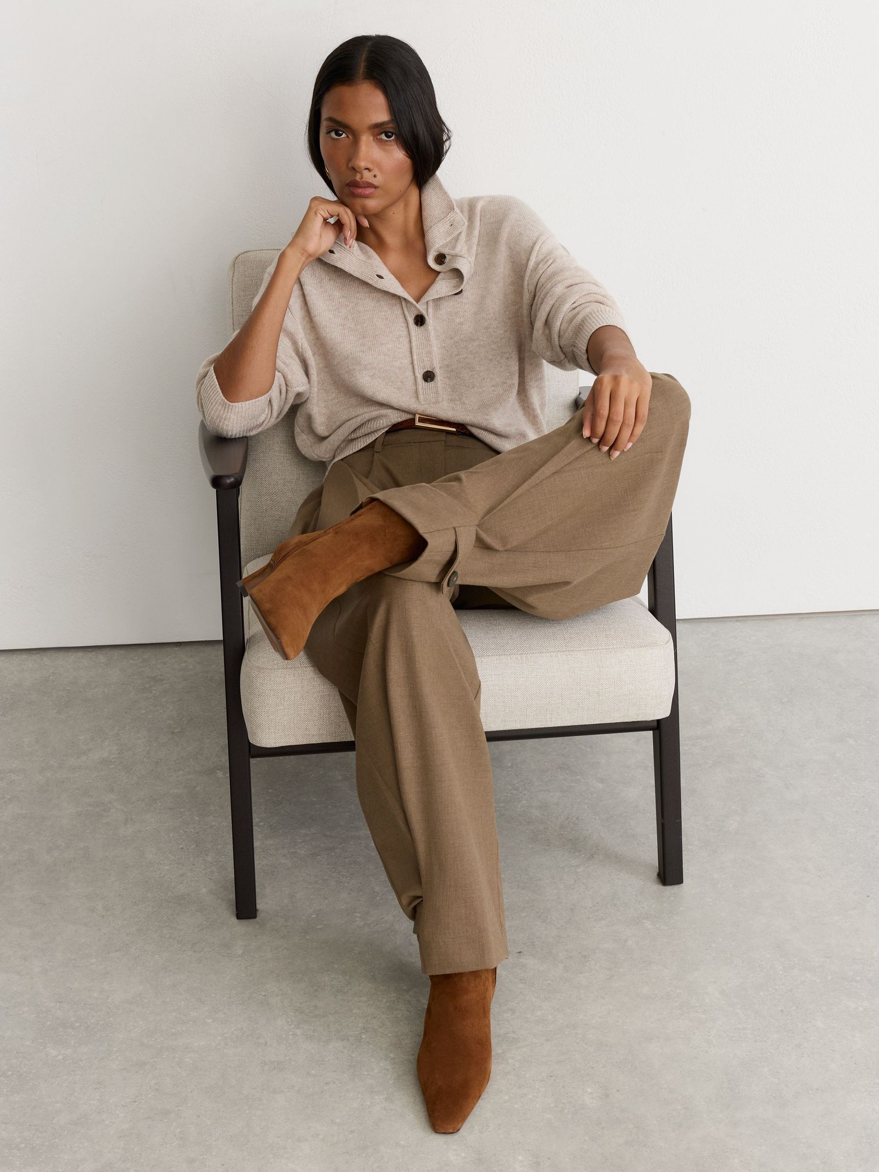 Suede Chisel-Toe Low-Heel Ankle Boots in Tan - Image 1 of 6
