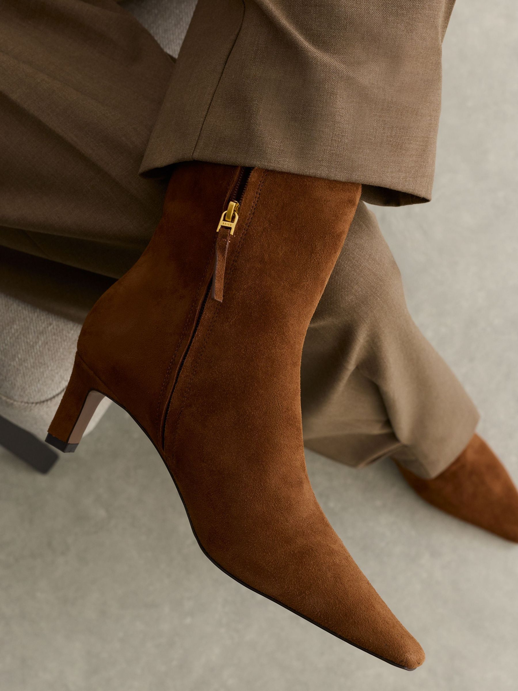 Suede Chisel-Toe Low-Heel Ankle Boots in Tan - Image 4 of 6