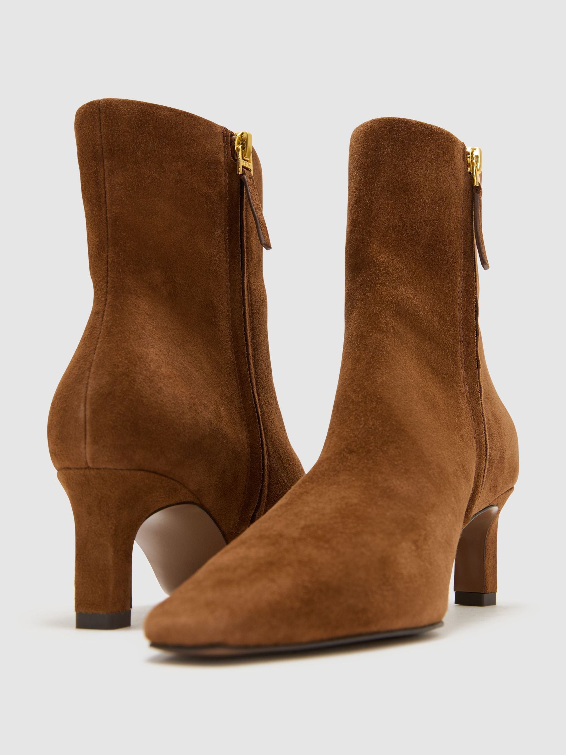 Suede Chisel-Toe Low-Heel Ankle Boots in Tan - Image 6 of 6