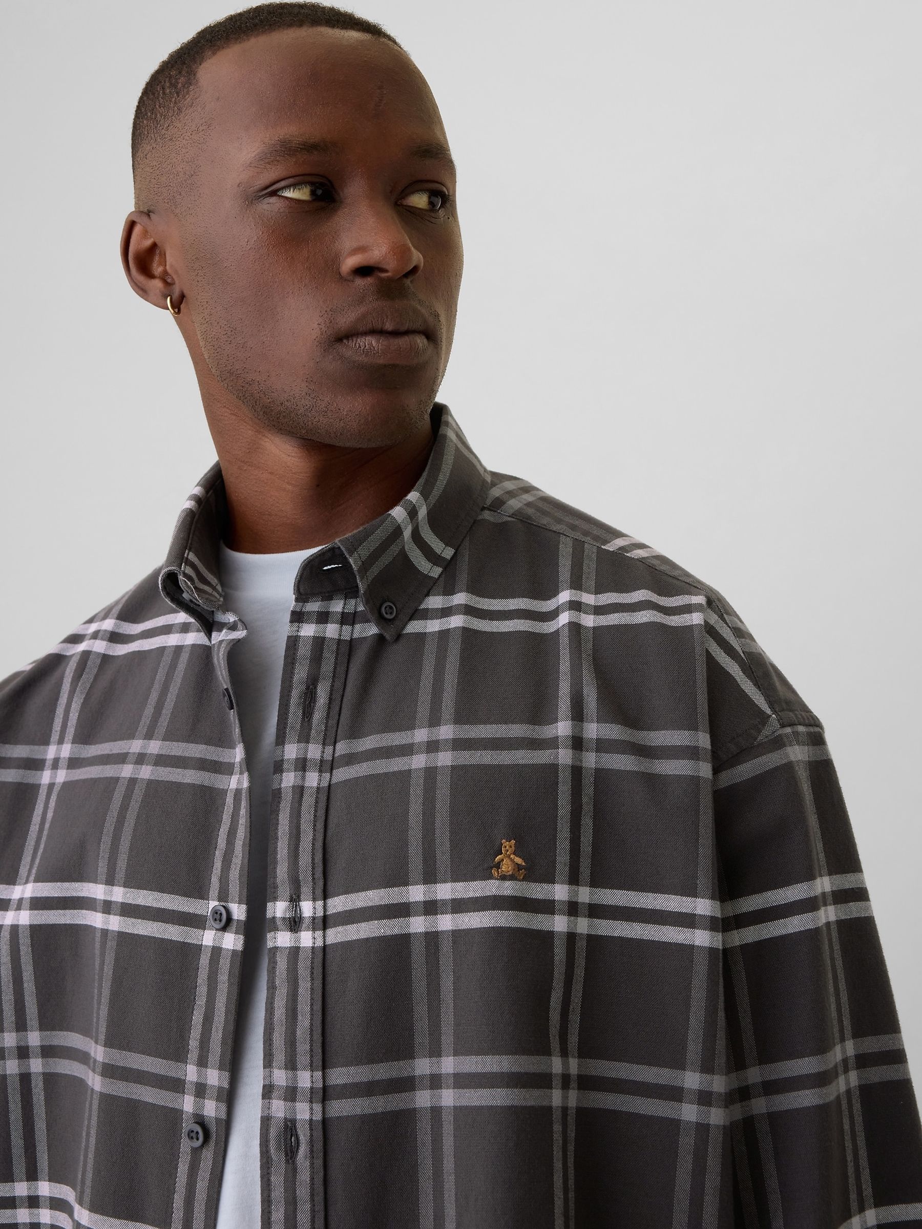Dark Grey Check Bear Long Sleeve Oxford Shirt - Image 4 of 5