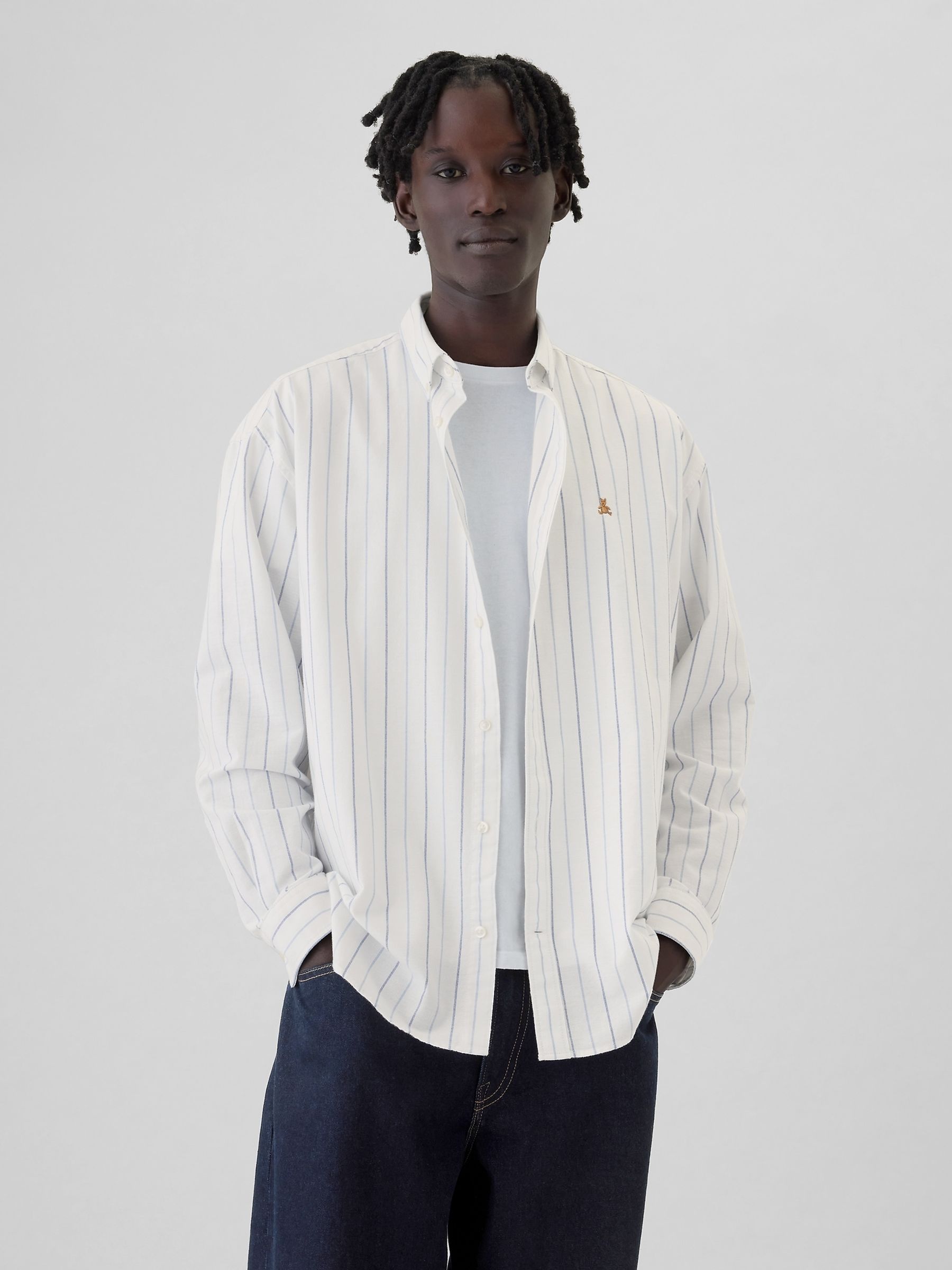 White Stripe Bear Long Sleeve Oxford Shirt - Image 1 of 1