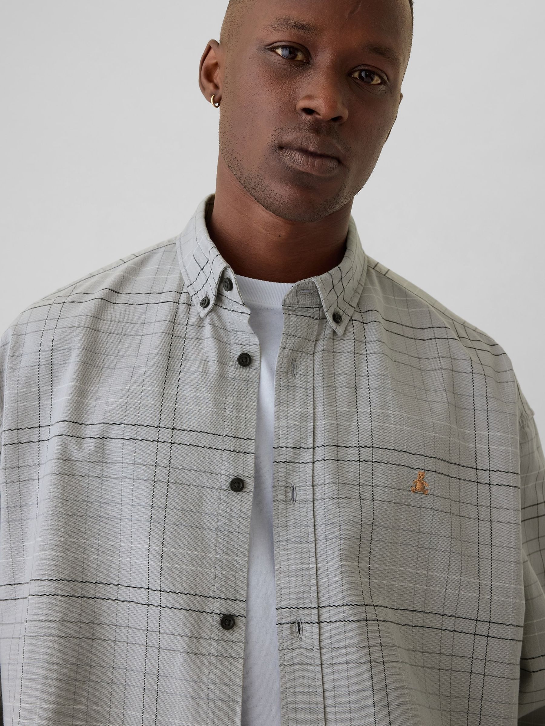 Light Grey Check Bear Long Sleeve Oxford Shirt - Image 4 of 5