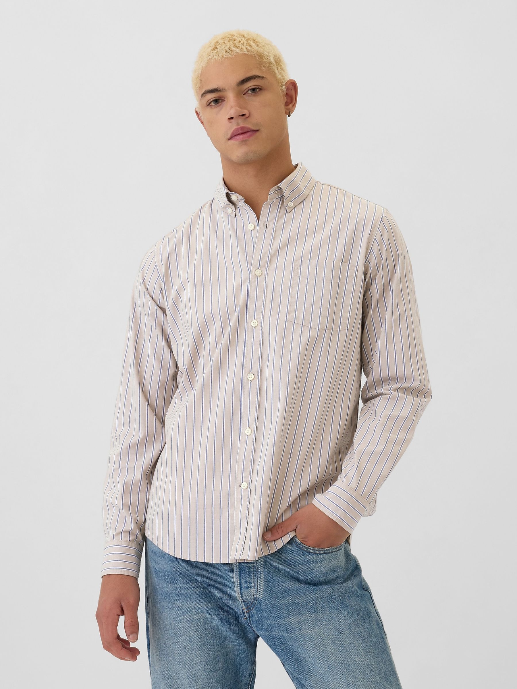 Cream & Blue Regular Fit Long Sleeve Poplin Shirt - Image 1 of 5