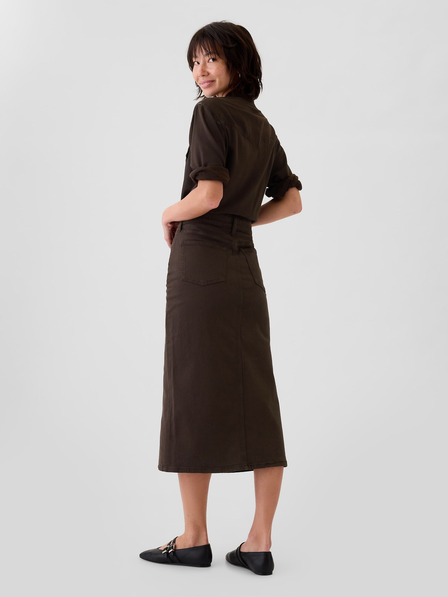 Brown Denim Midi Skirt - Image 2 of 5