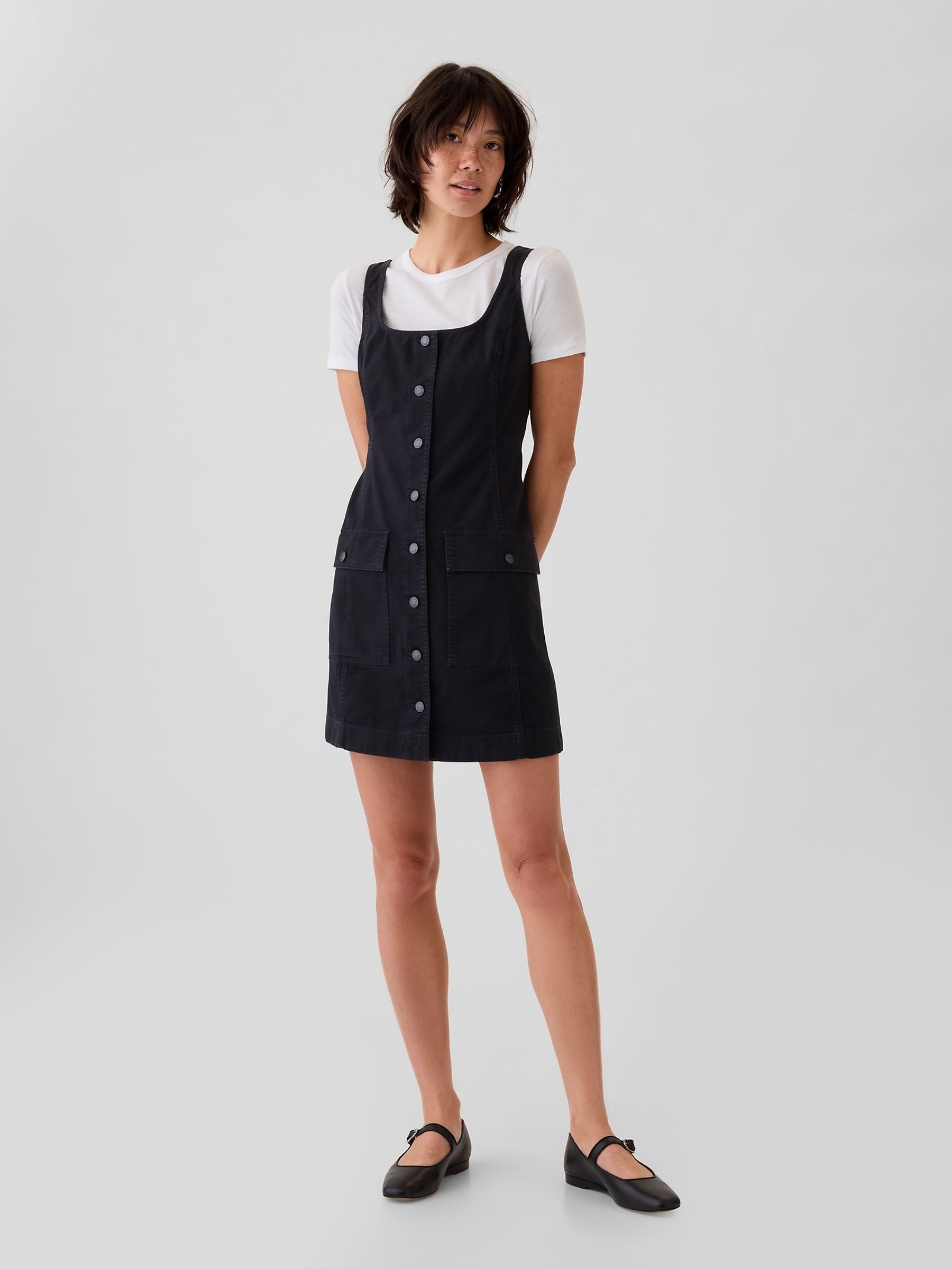 Black Utility Button Mini Dress - Image 1 of 4