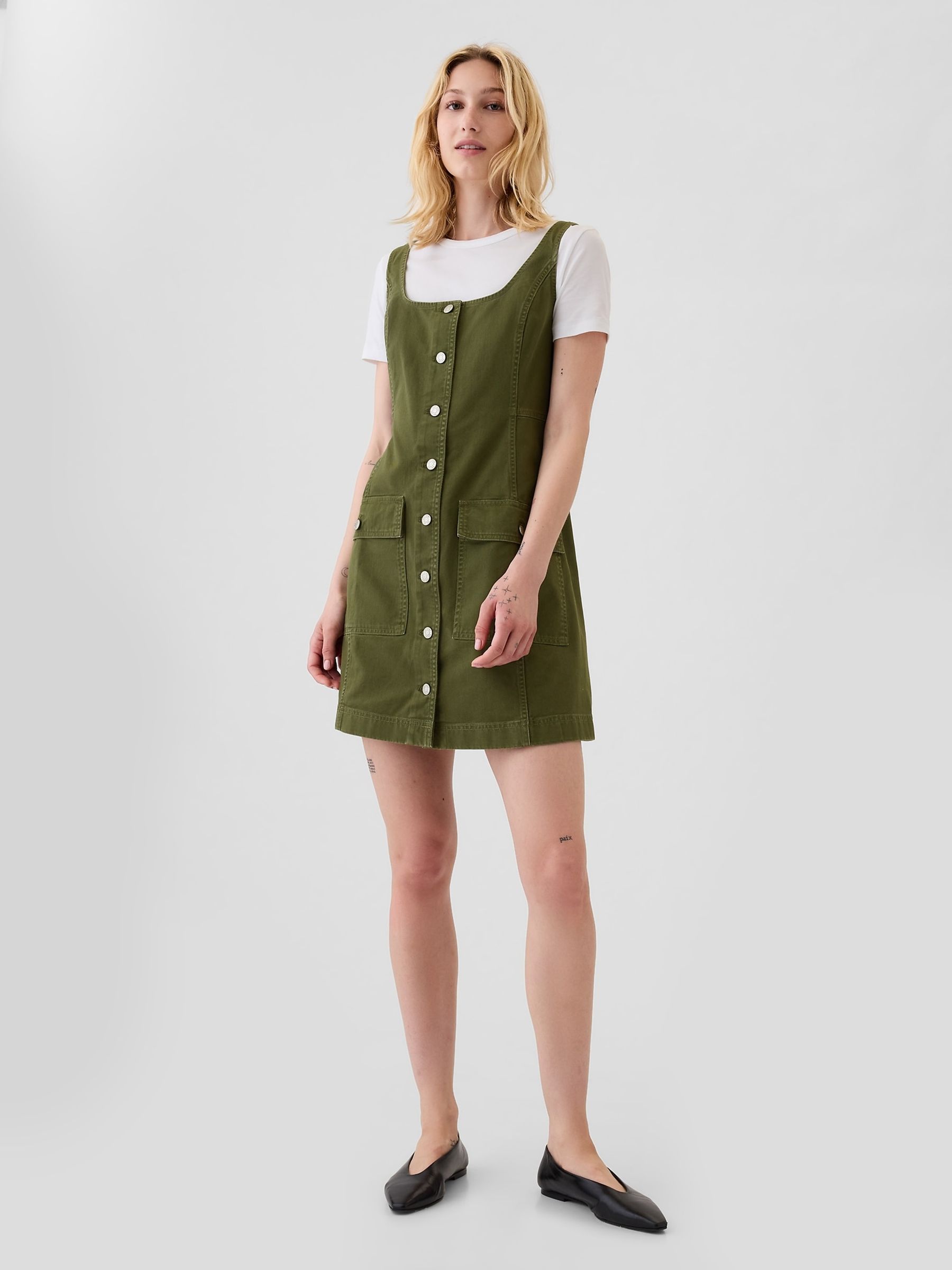 Green Utility Button Mini Dress - Image 1 of 5